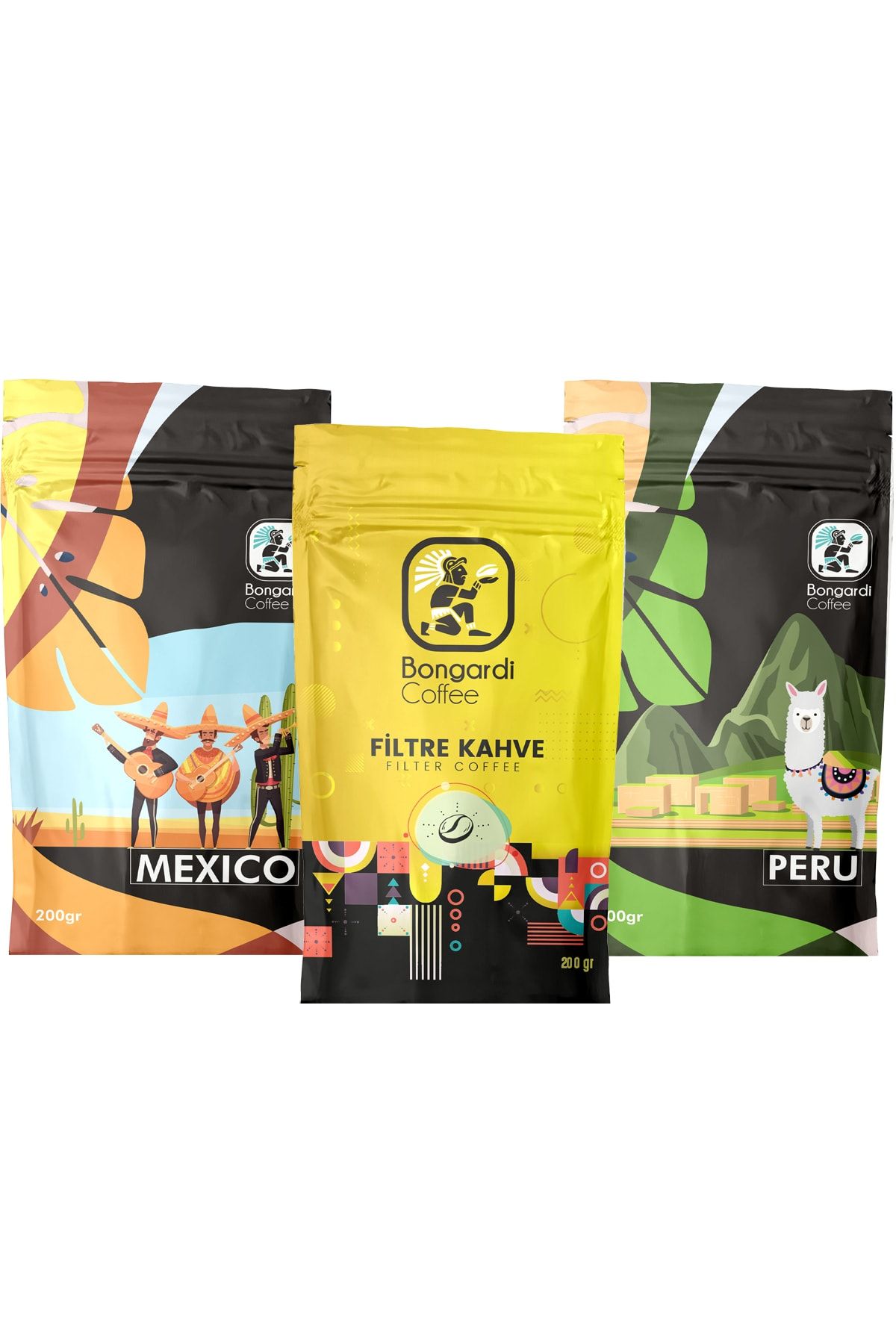 Bongardi Coffee Yöresel Filtre Kahve Seti 3x200 gram Meksika Peru Intense Blend