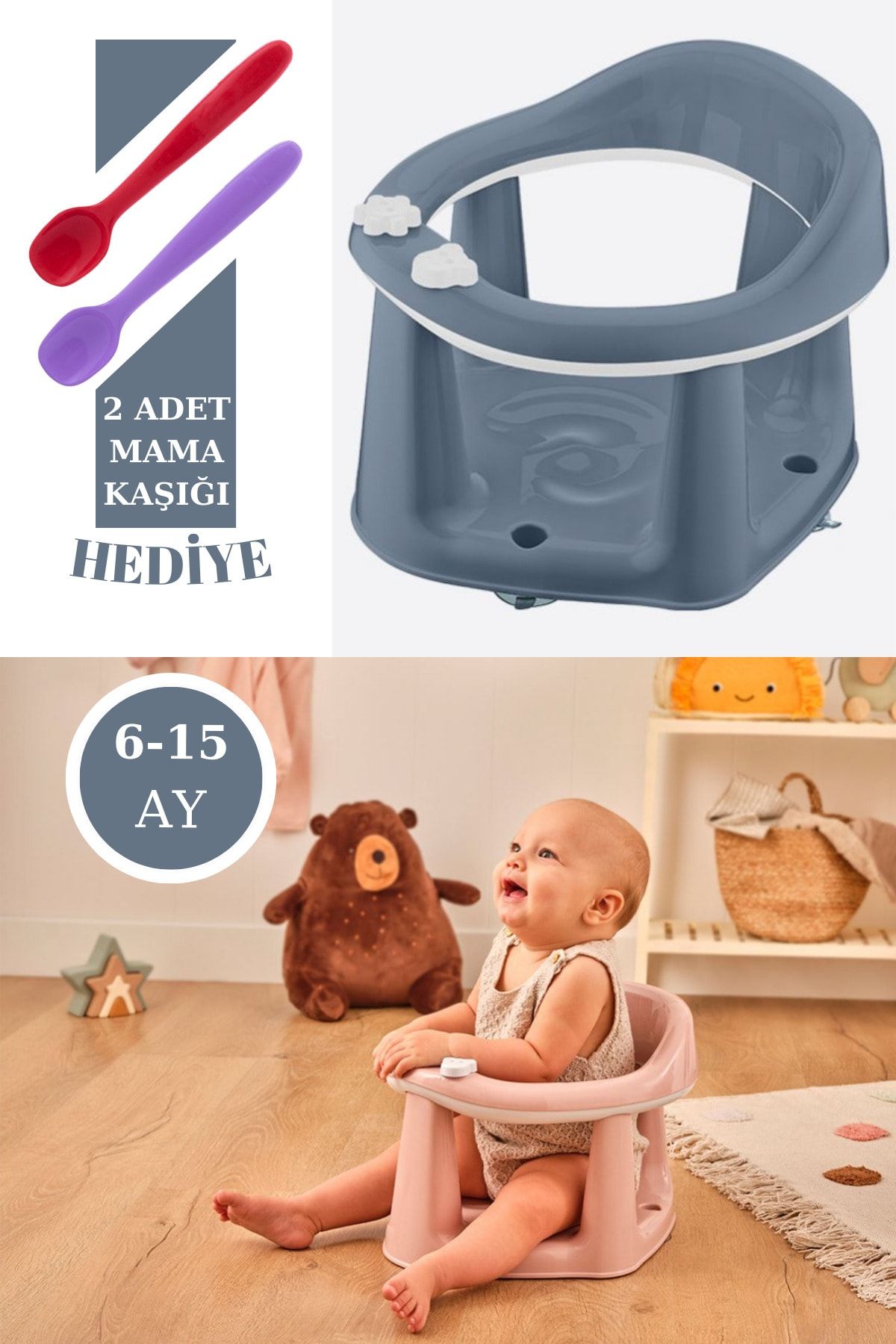 Flosoft Vakumlu Bebek Banyo & Mama Oturağı + Silicolife 2 Adet Silikon Mama Kaşığı Hediye