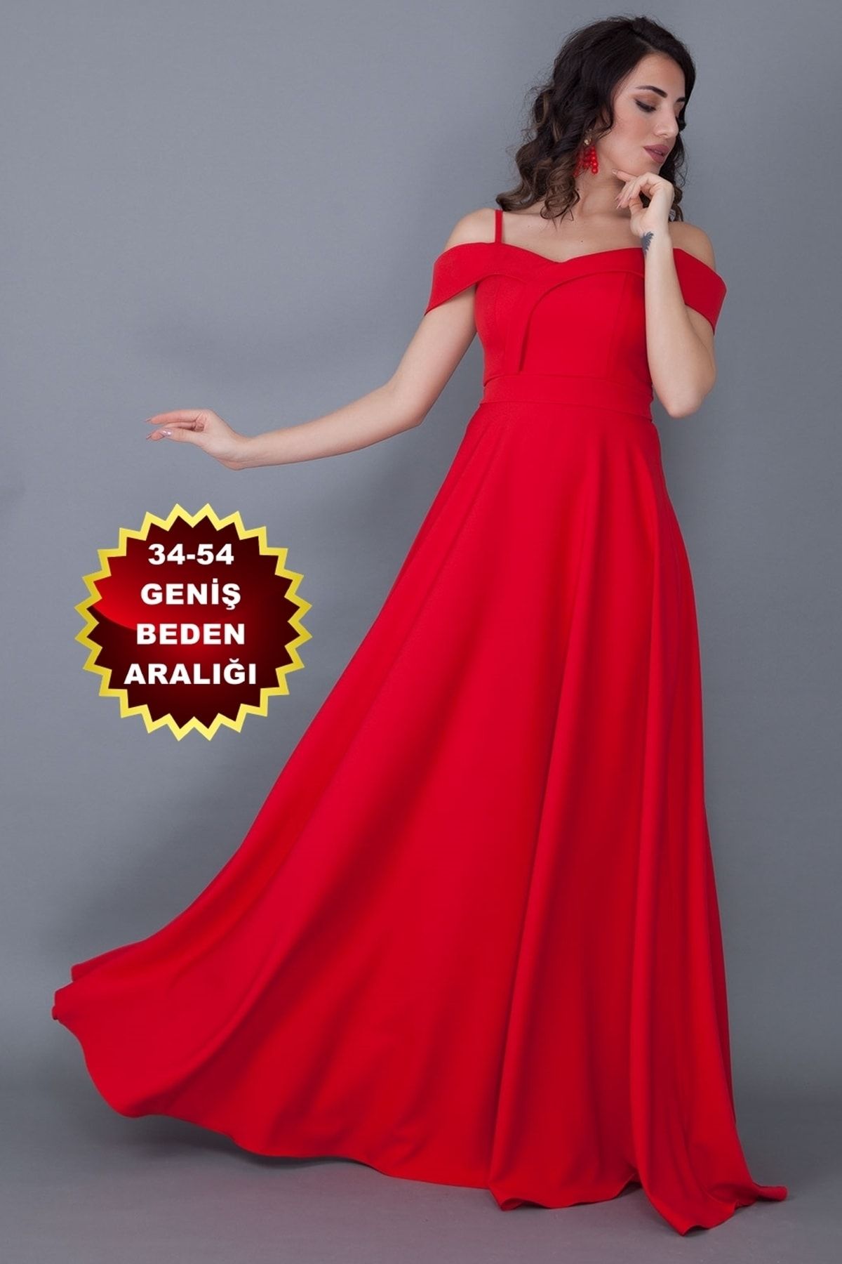 lovebox Kadın Esnek Atlas Kumaş Ince Askılı Düşük Omuz Detaylı Maxi Boy Kırmızı Abiye Elbise 342