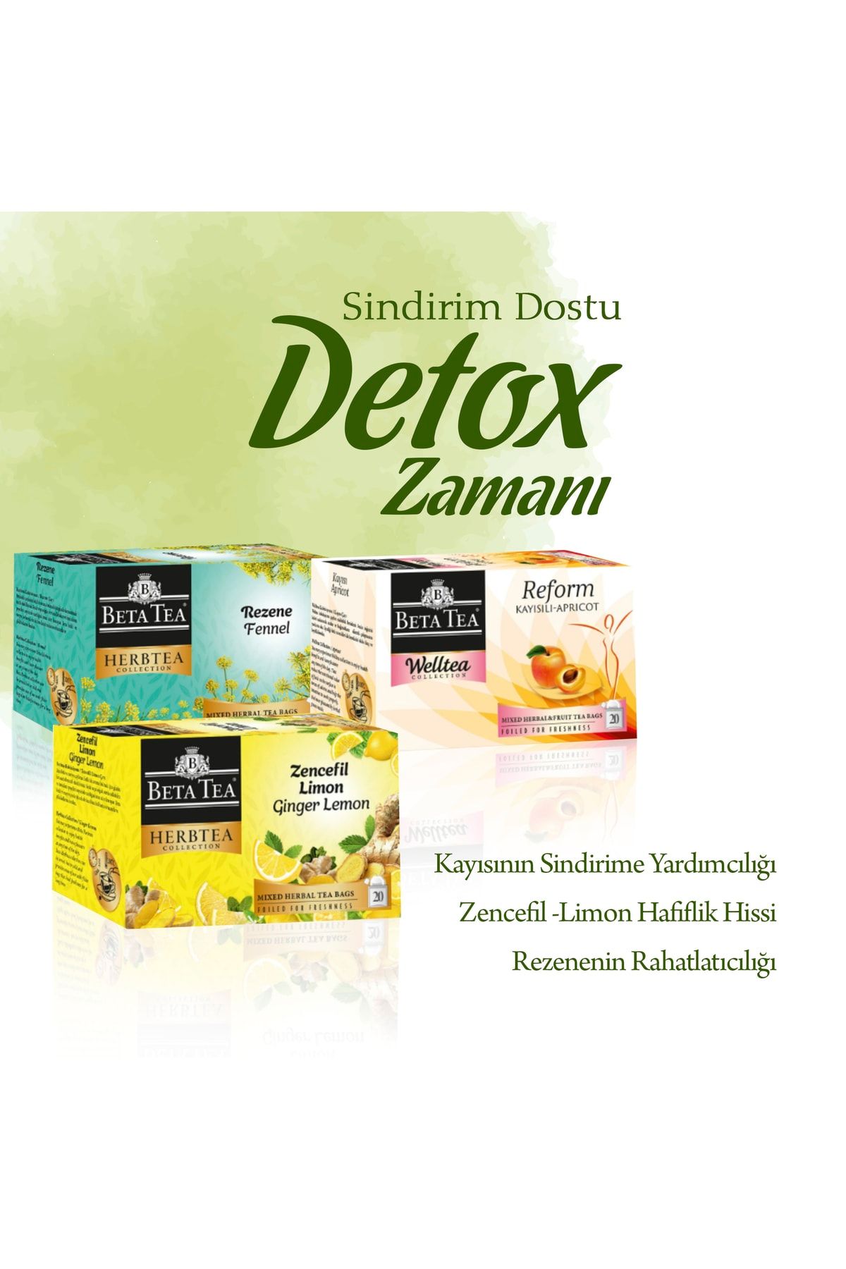 Beta Tea Sindirim Dostu & Detox Zamanı Çayları | Bitki Çayı Paketi (REZENE, KAYISI, ZENCEFİL & LİMON)
