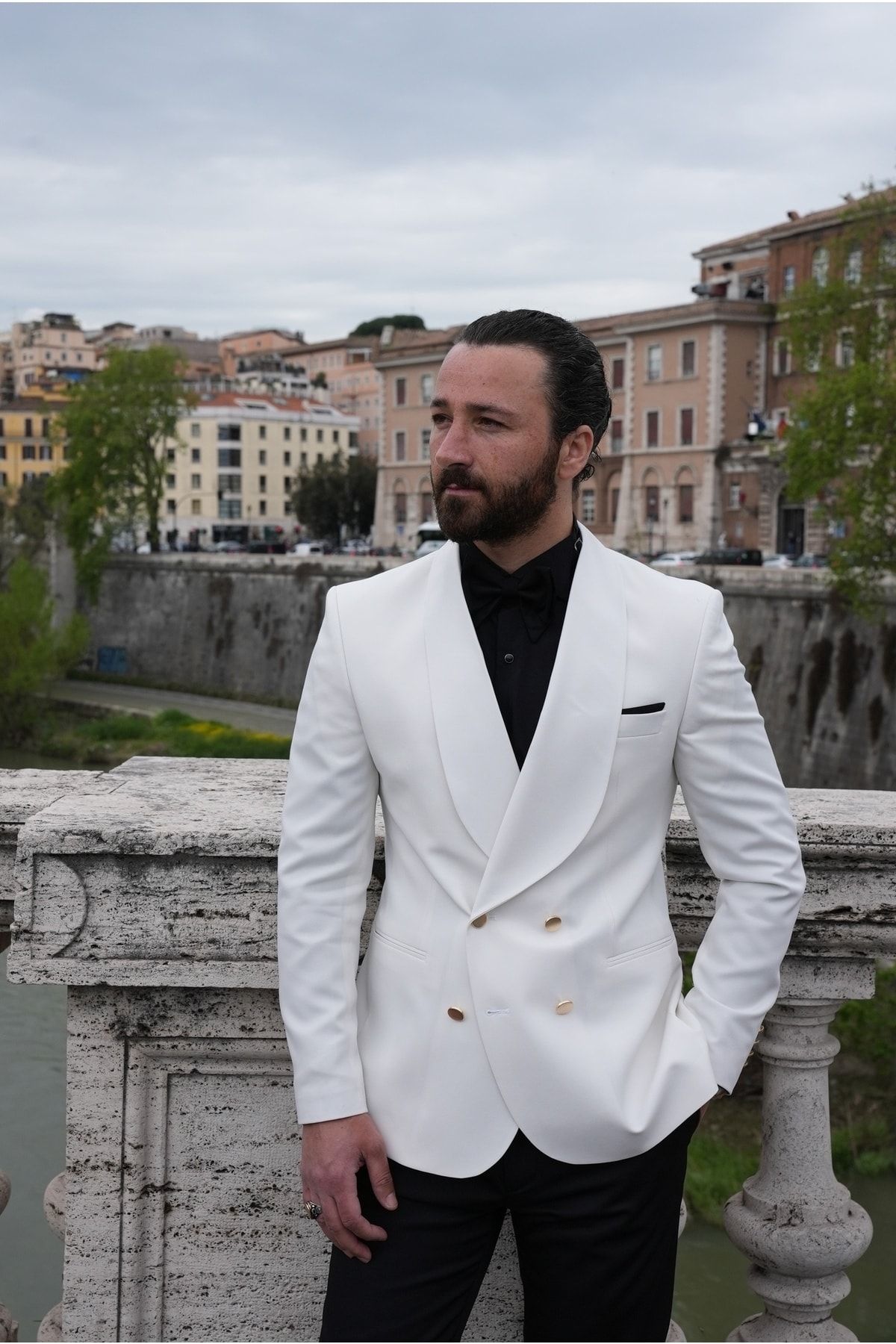 PAREZ Erkek Kruvaze Damatlık Şal Yaka Metal Düğme Slim Fit Italyan Stil Ceket Pantolon Papyon