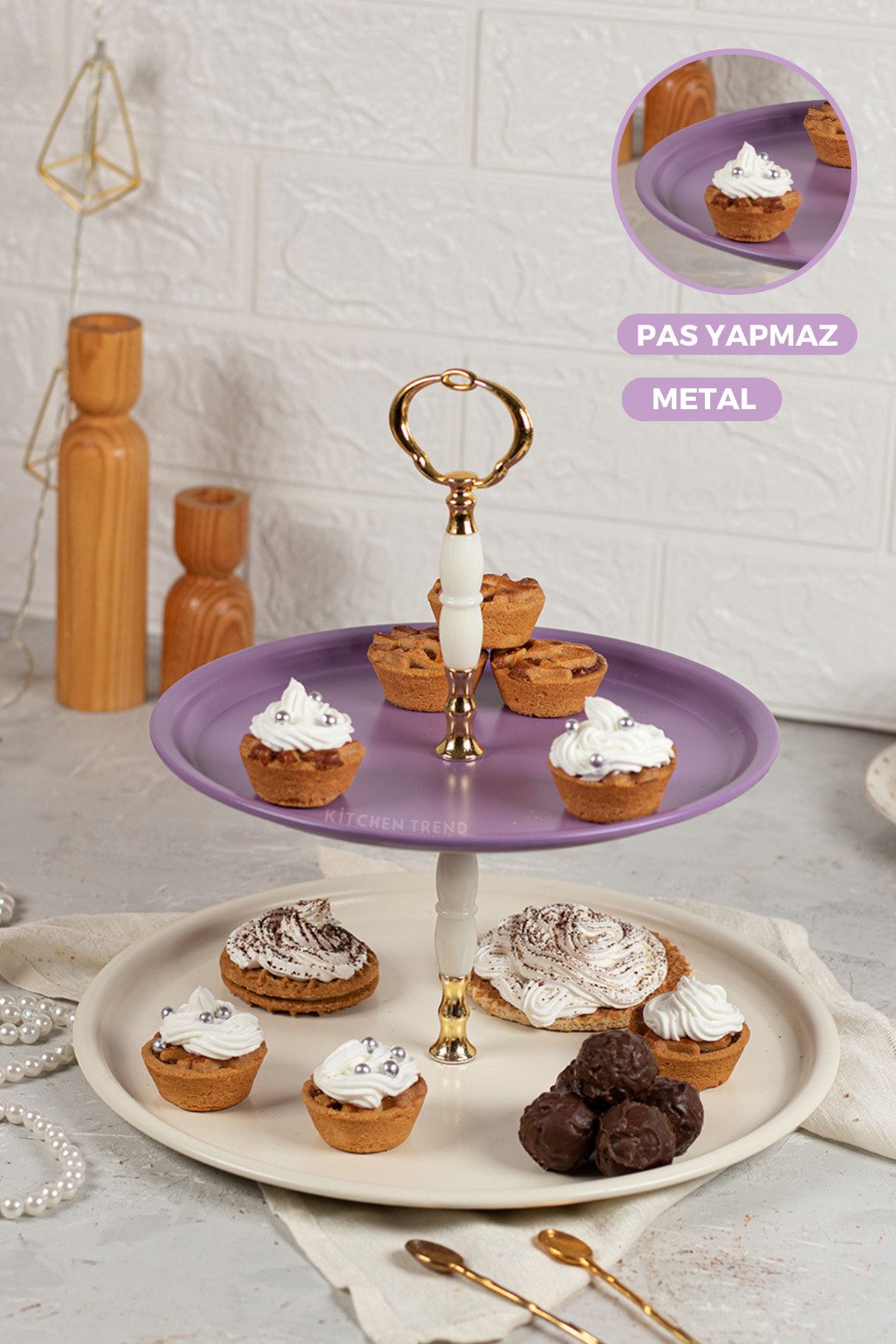 kitchen trend Metal Gold 2 Katlı Elegance Mor Kek Pasta Sunumluk Standı