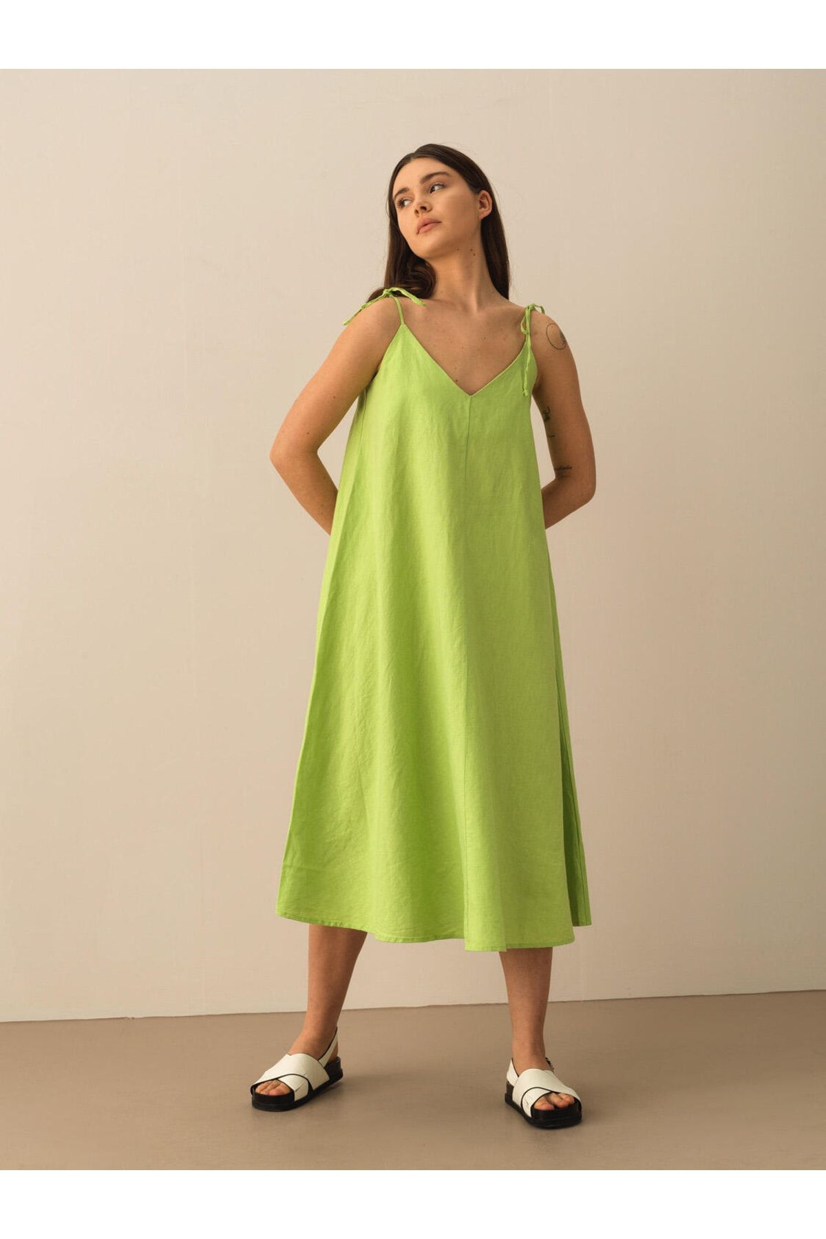 Xint Kadın Yeşil %100 Keten Oversize Basic Elbise