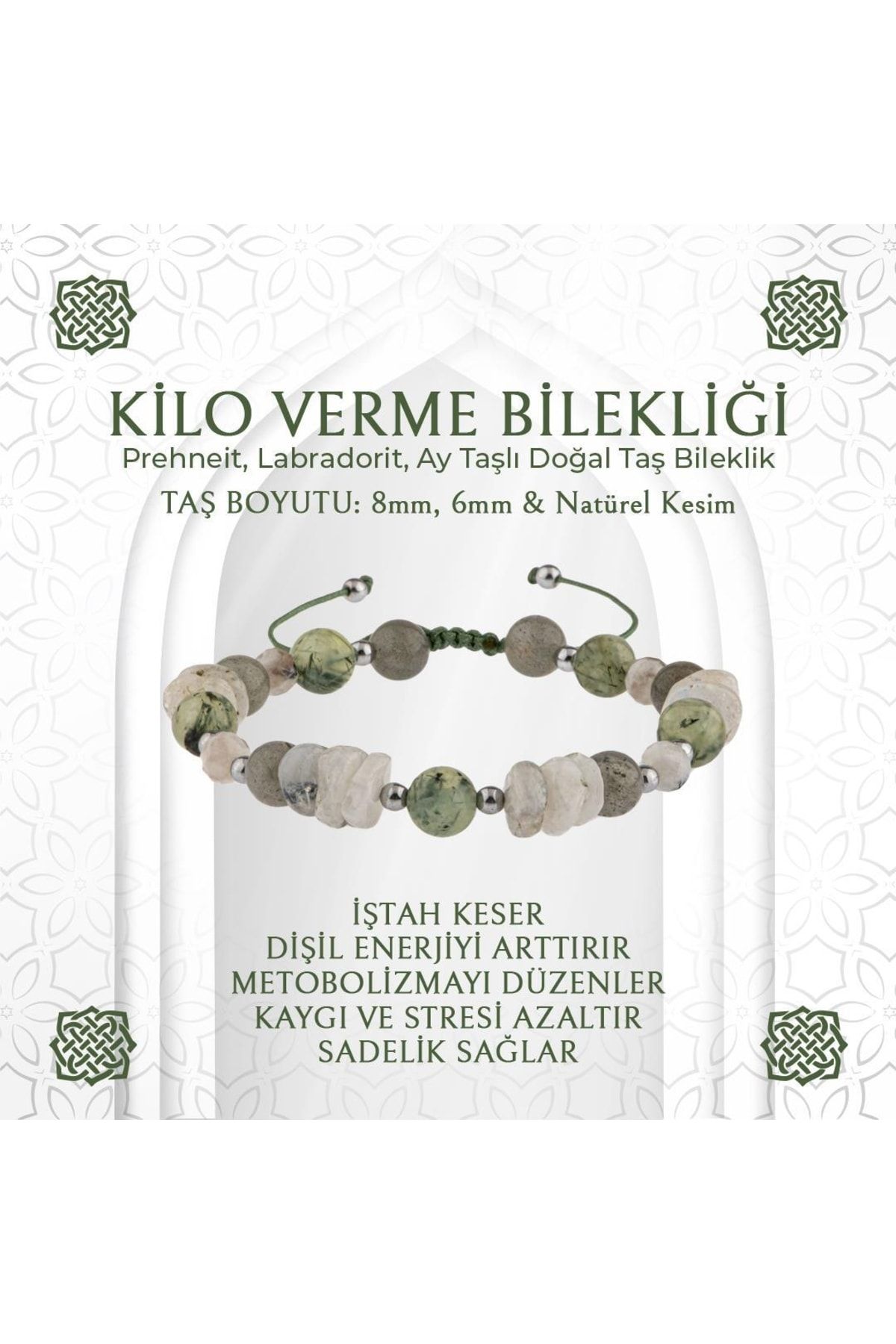 Saff Doğal Taş Kilo Verme Bilekliği Doğal Taş - Labradorit, Ay Taşı, Prehnit