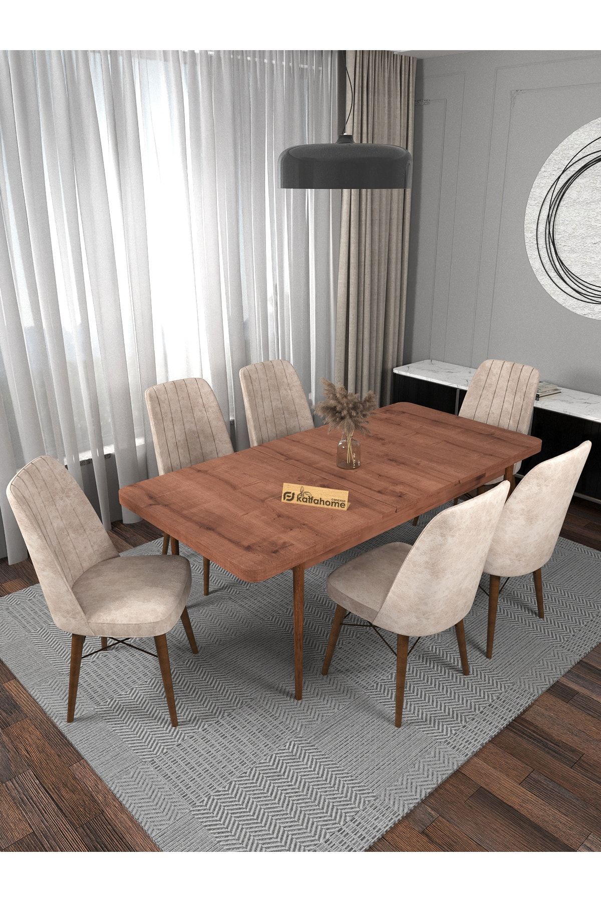 Kaffahome Riff Sümela 80x130 Cm , 6 Kişilik Açılabilir Masa Sandalye Takımı , Mutfak Masa Takımı - Krem
