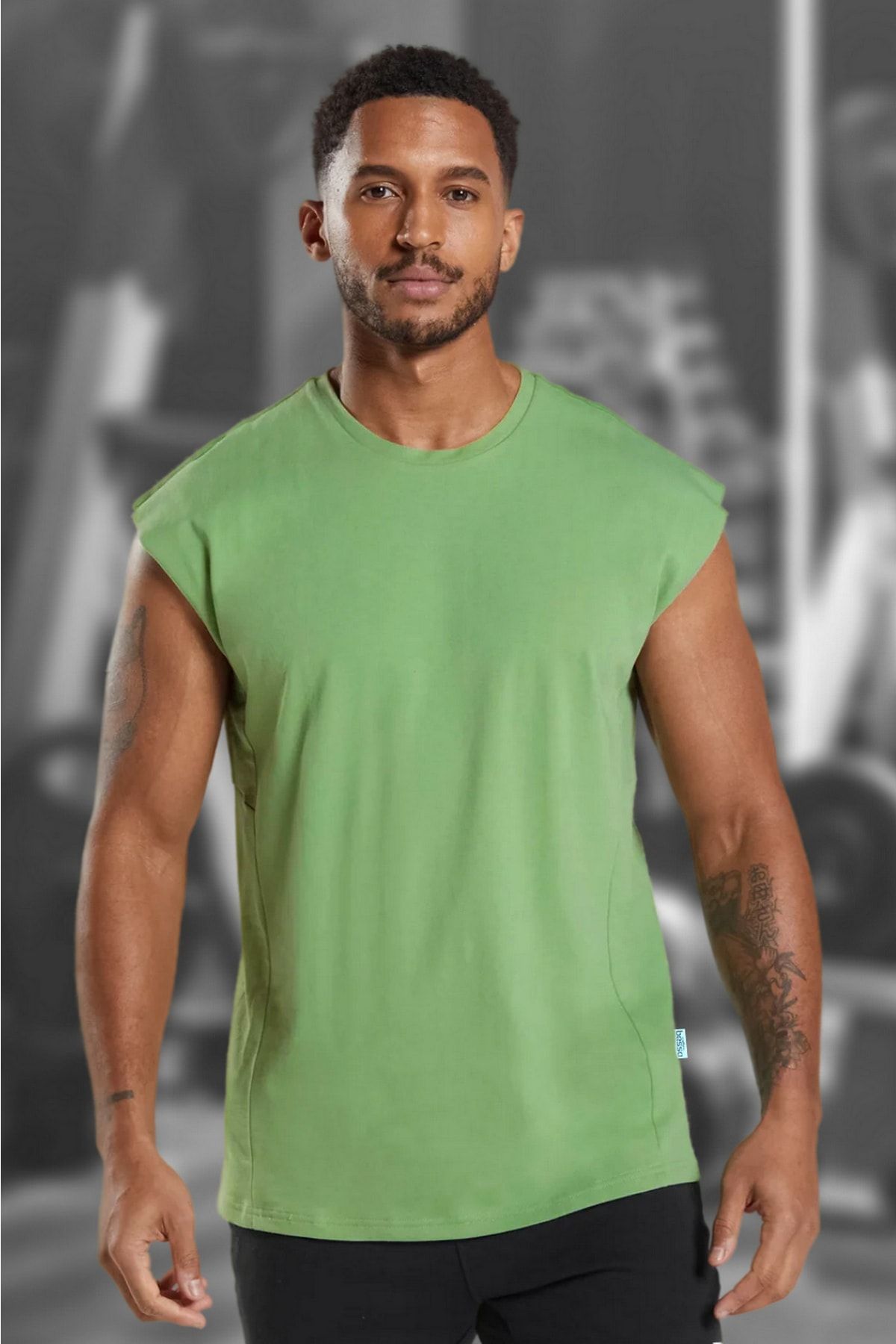 BESSA Erkek Yeşil Oversize Bisiklet Yaka Pamuklu Kolsuz T-shirt/atlet