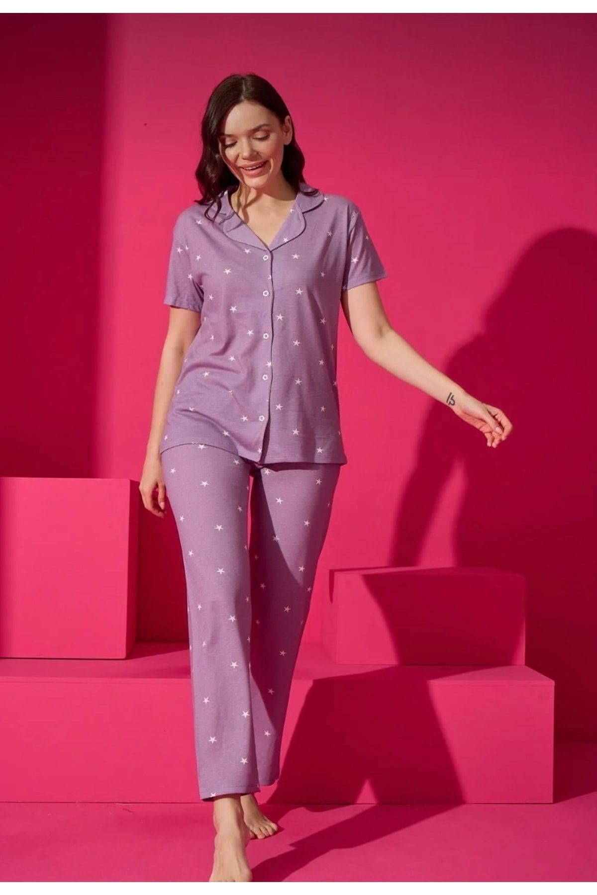 ELİTOL Kadın Boydan Düğmeli Kısa Kollu Pijama Takımı