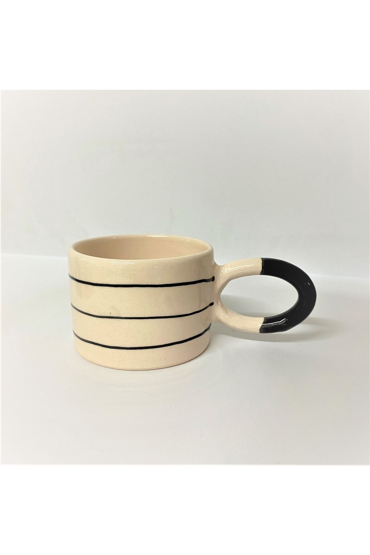 Birsırver Siyah Yatay Çizgili El Yapımı Seramik Tasarım Kupa Bardak,kahve Bardağı,çay Bardağı