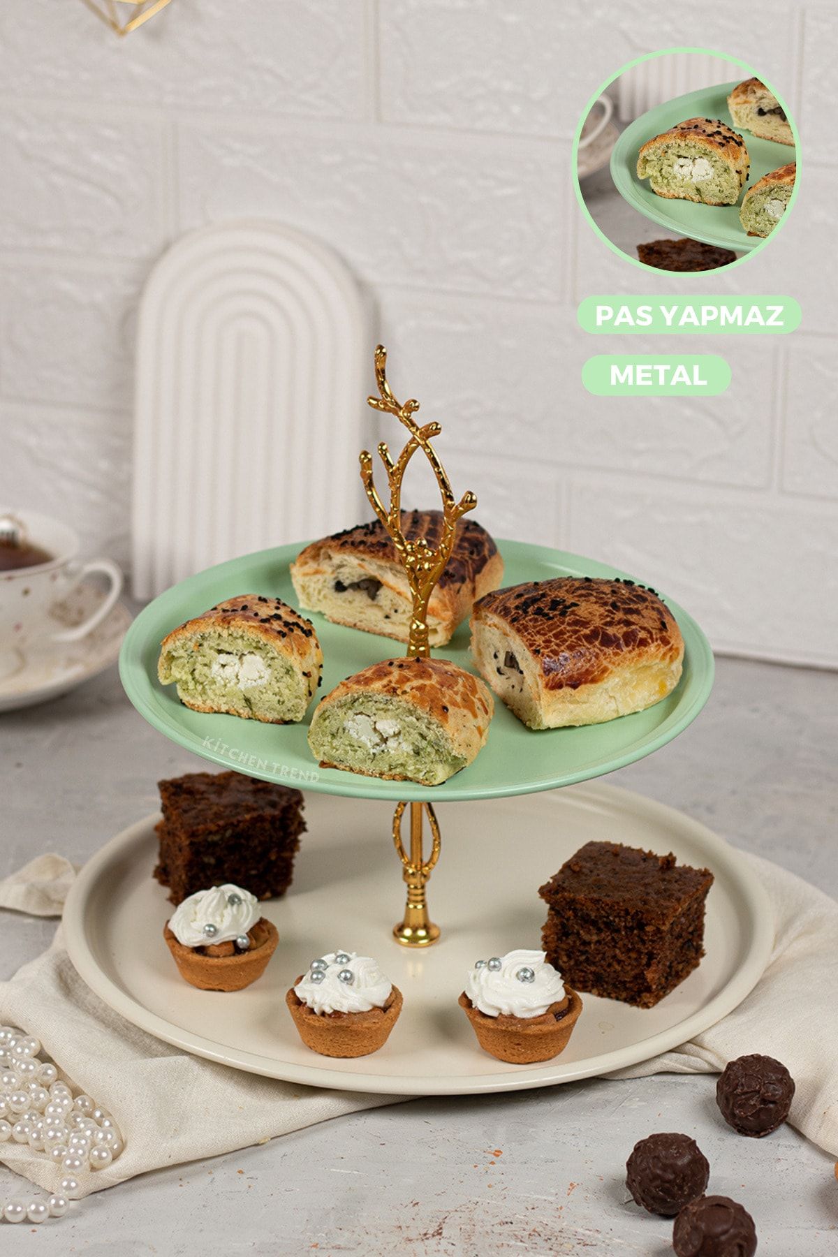 kitchen trend Metal 2 Katlı Gold Yaprak Figürlü Mint Yeşil Kek Pasta Sunumluk Standı