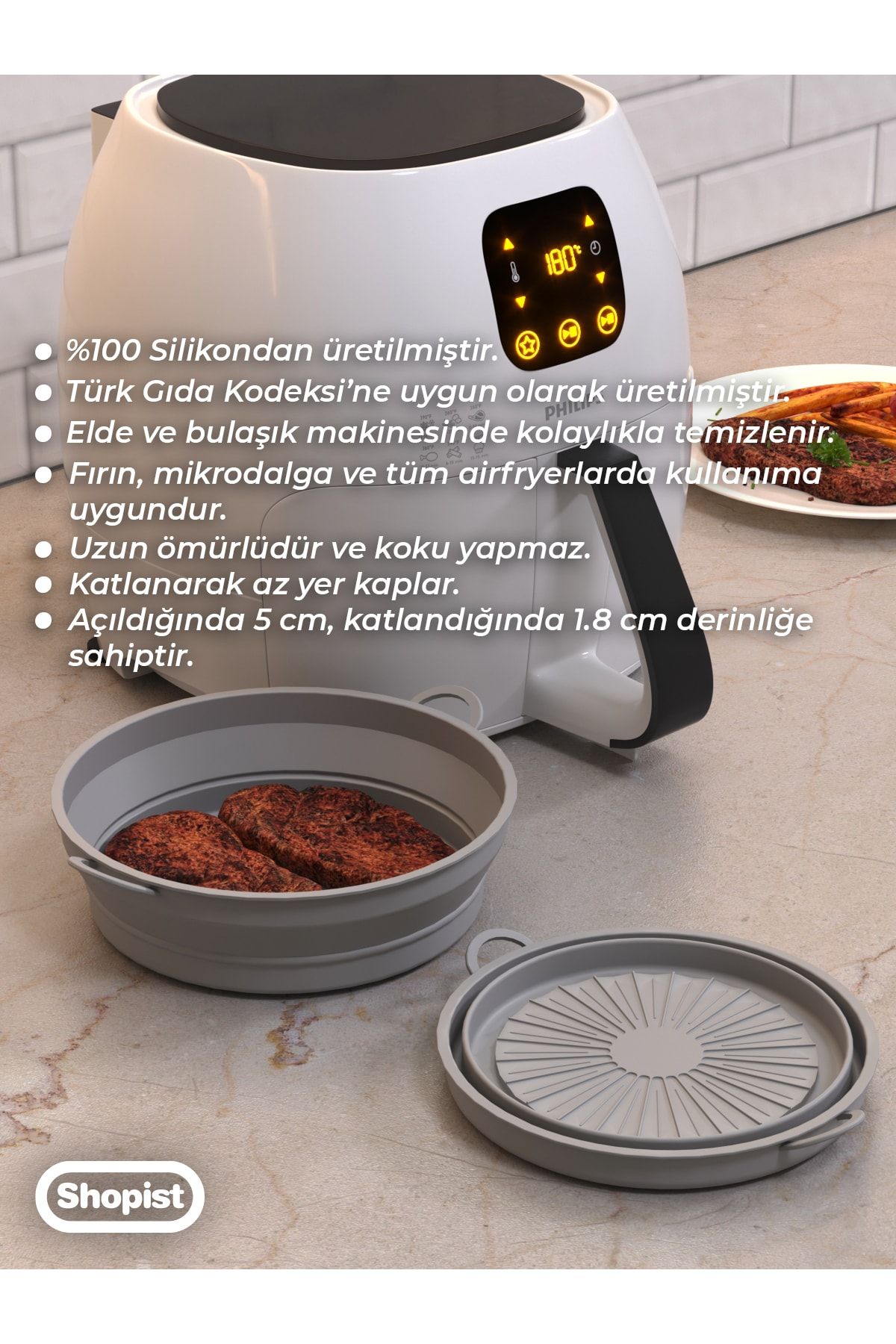 SHOPİST Katlanabilir Airfryer Pişirme Kabı Gri Silikon Pişirme Seti 6 Litreye Kadar Tüm Cihazlara Uygun