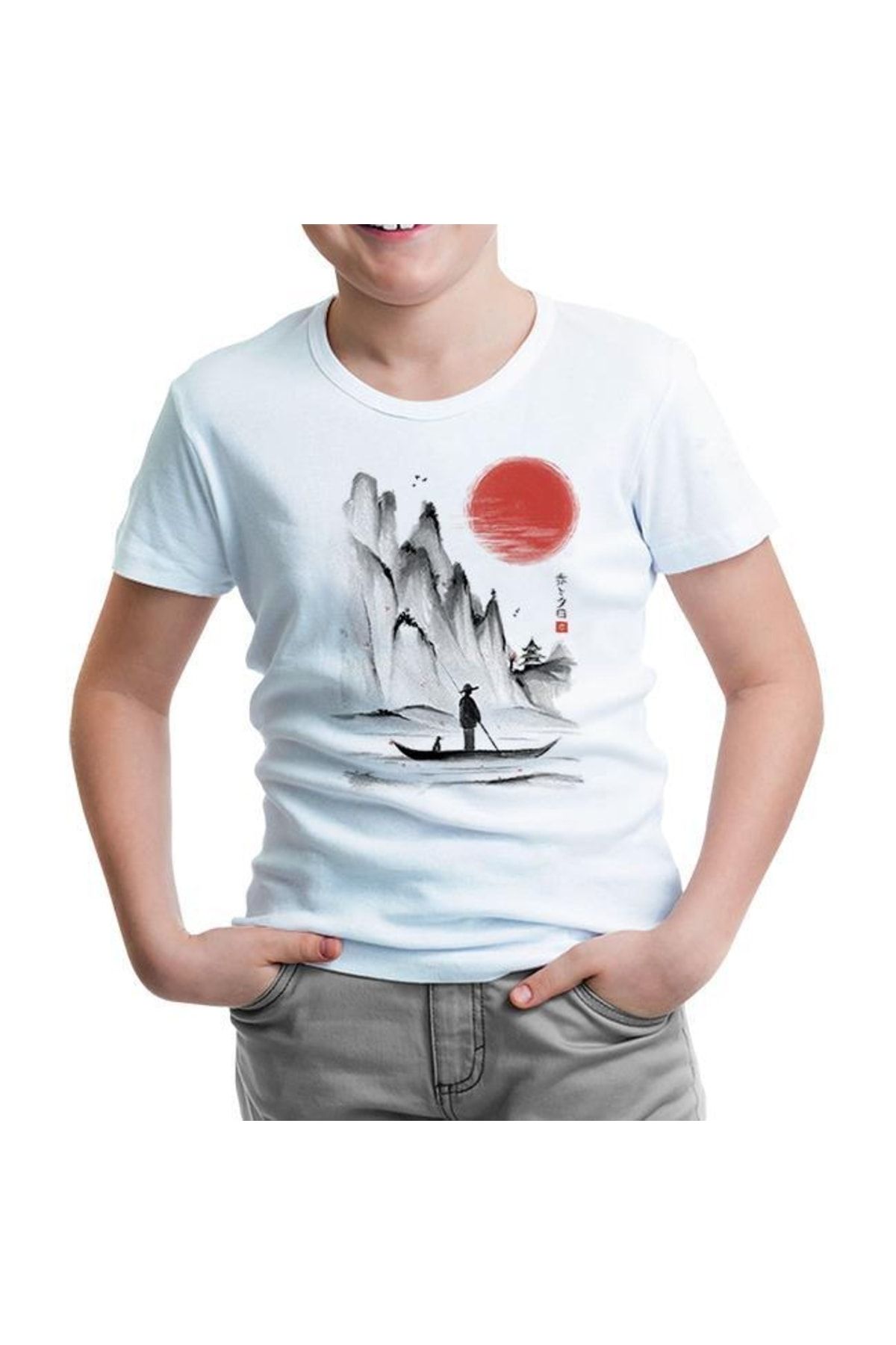 Lord T-Shirt Man On The Boat In Japanese Landscape Beyaz Çocuk Tshirt