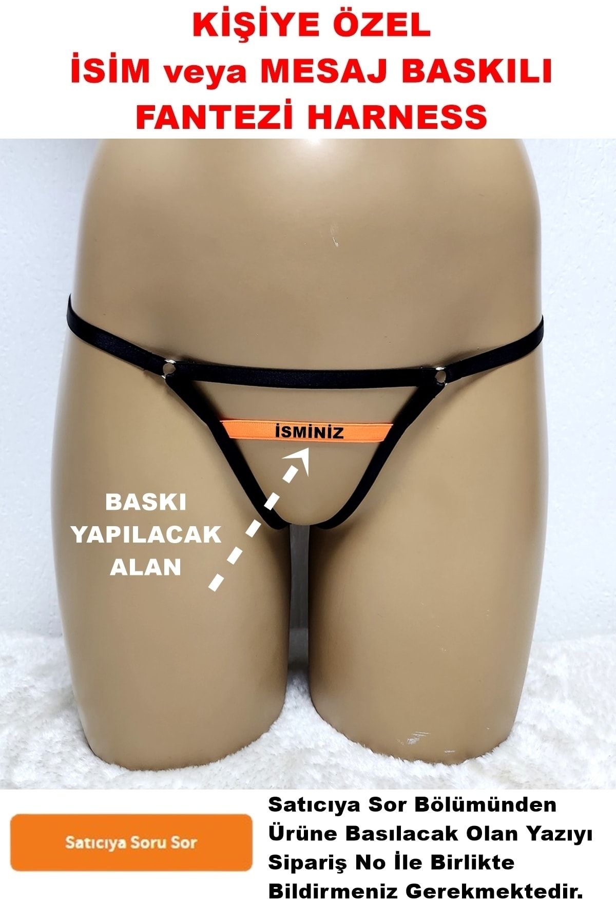 Secret Passion Lingerie Kişiye Özel Isim Baskılı Ayarlanabilir Özel Bölgesi Açık Esnek Siyah Turuncu Lastik String 20350