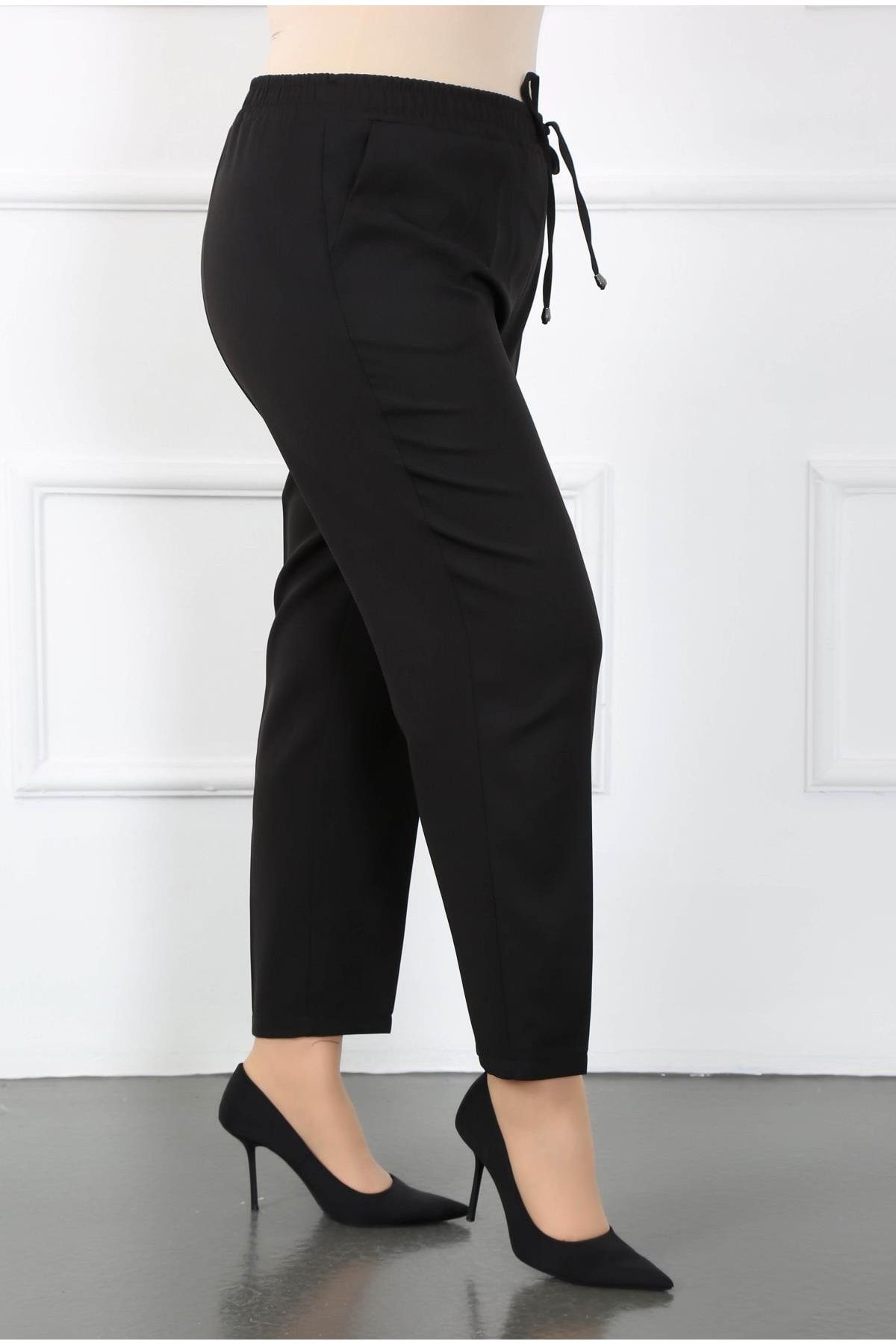 By Alba Collection Kadın Siyah Ithal Dabıl Beli Lastikli Büyük Beden Pantolon