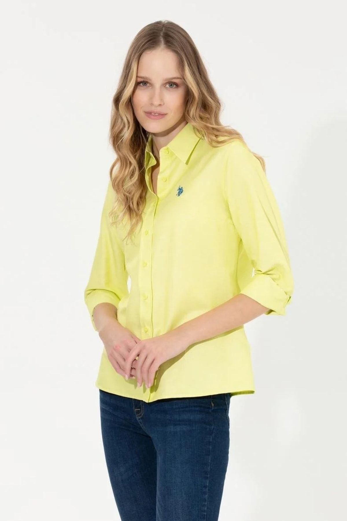 U.S. Polo Assn. Kadın Neon Sarı Basic Gömlek Uzunkol