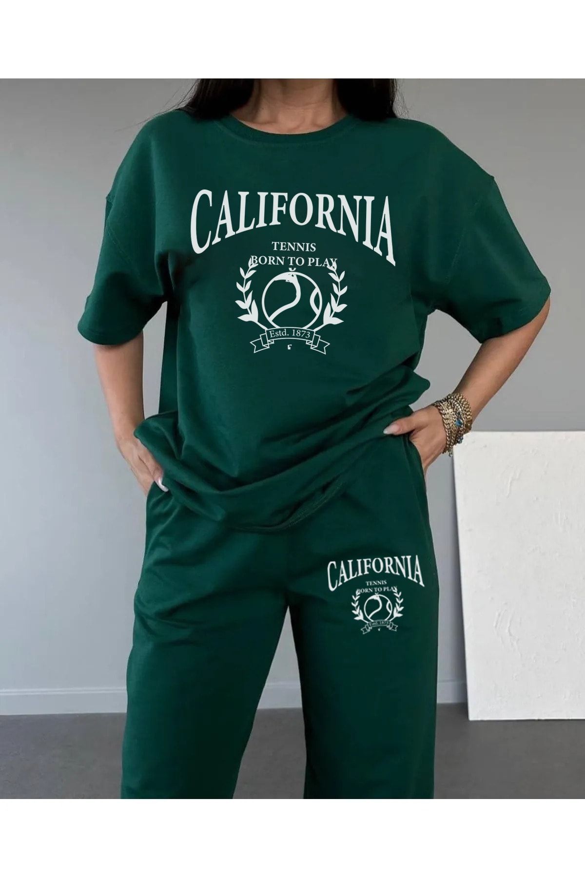 CLAYES California T-shirt Eşofman Altı Jogger- Yeşil Baskılı Alt Üst Eşofman Takım Oversize Bisiklet Yaka