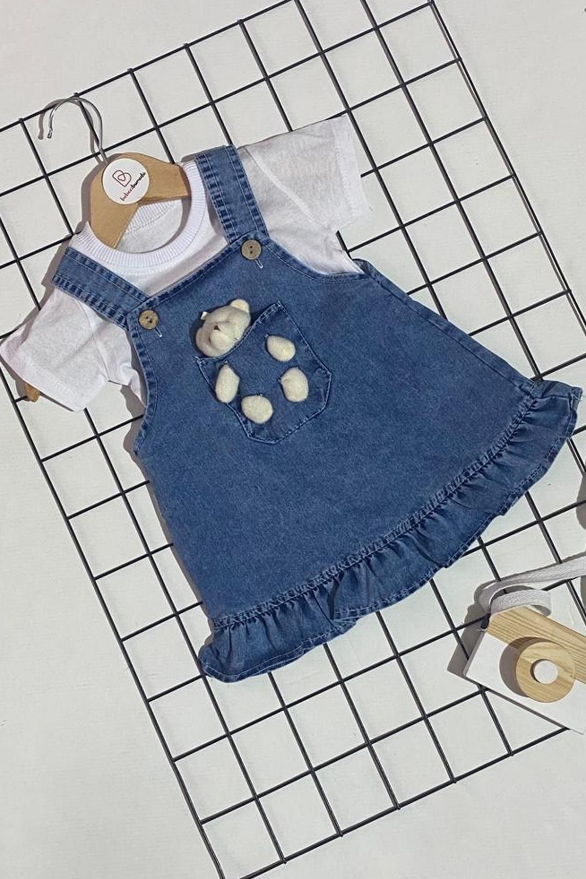 BEBECİBURADA Ayıcık Oyuncaklı Kız Bebek Ikili Kot Elbise
