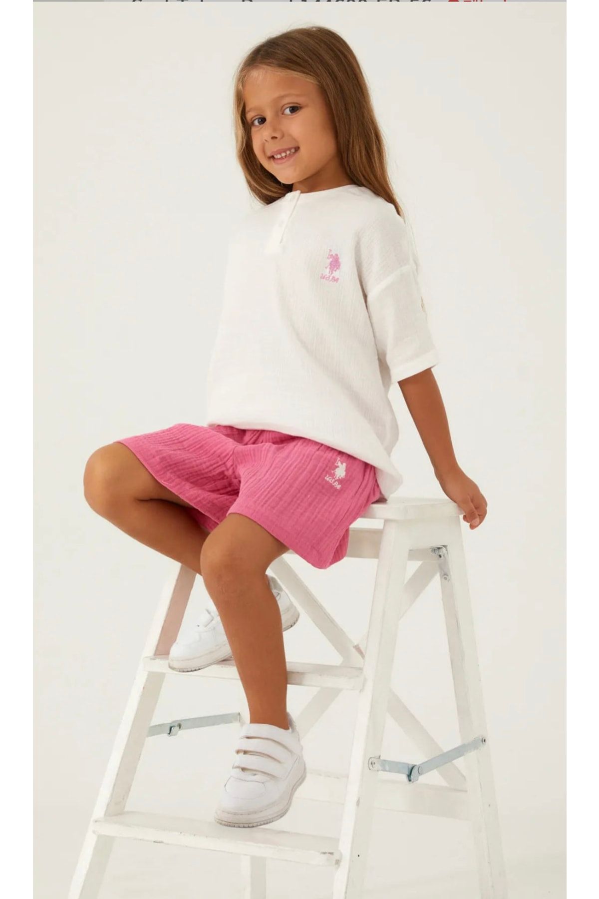 U.S. Polo Assn. Kız Çocuk, Lisanslı, Uspa, Doğal Pamuk, Krem T-shirt Şortlu Takım