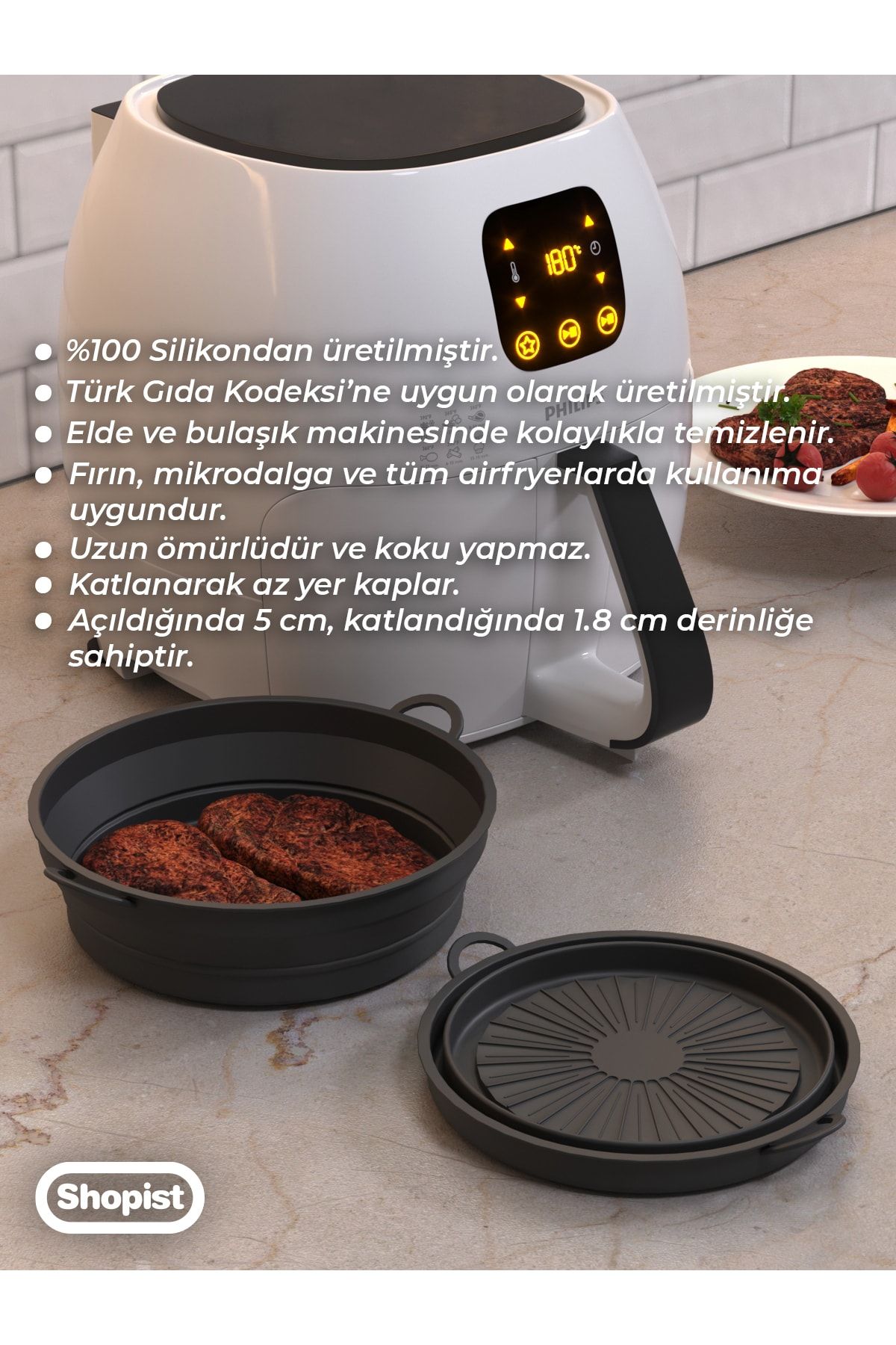 SHOPİST Katlanabilir Airfryer Pişirme Kabı Silikon Pişirme Seti 6 Litreye Kadar Tüm Cihazlara Uygun