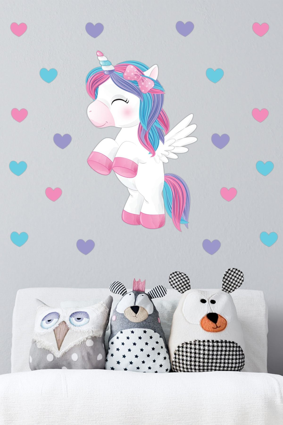 Tilki Dünyası Sevimli Unicorn Ve Kalpler Çocuk Odası Duvar Sticker