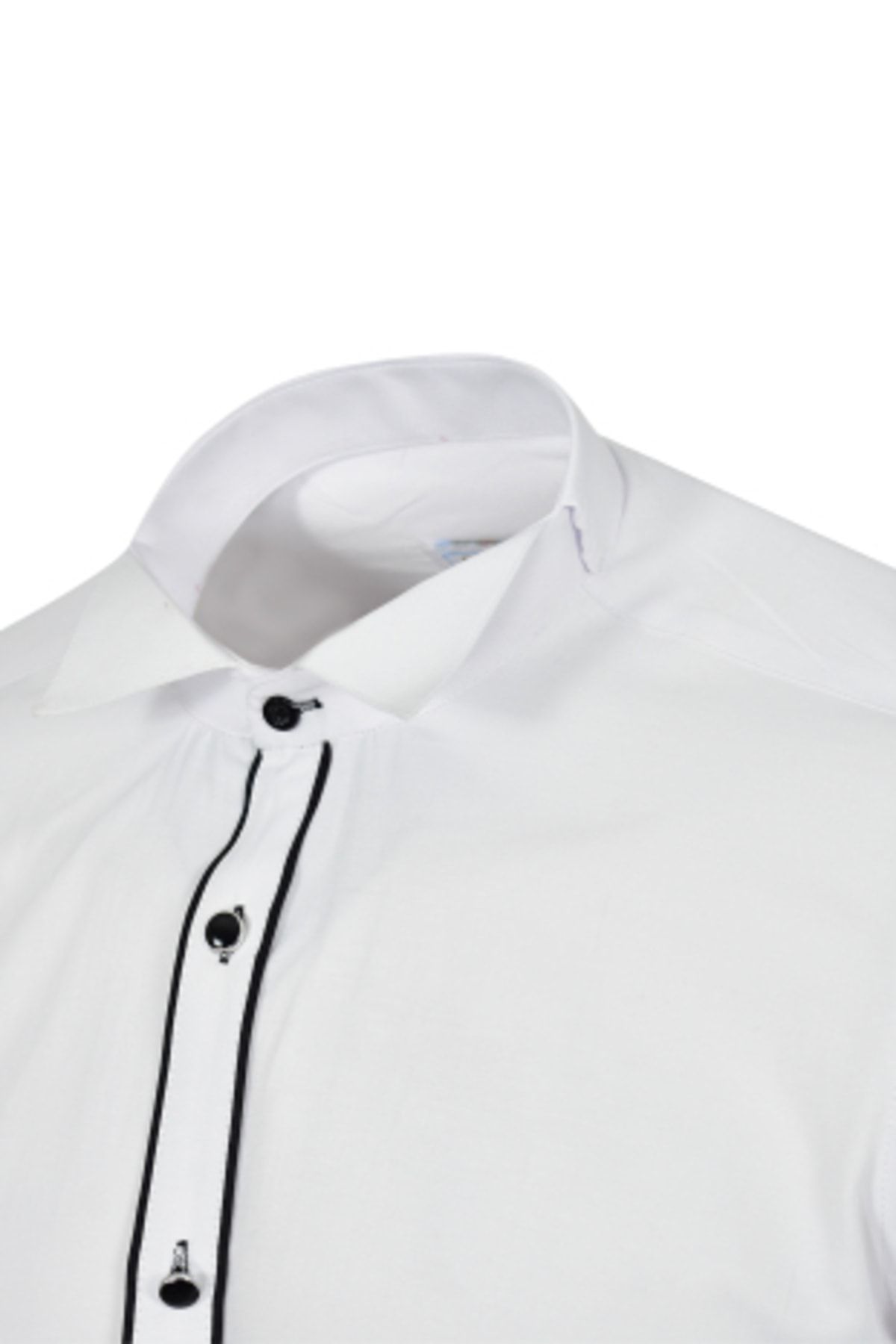 R-Germen Beyaz Damatlık Ata Yaka Şeritli Slim Fit Gömlek