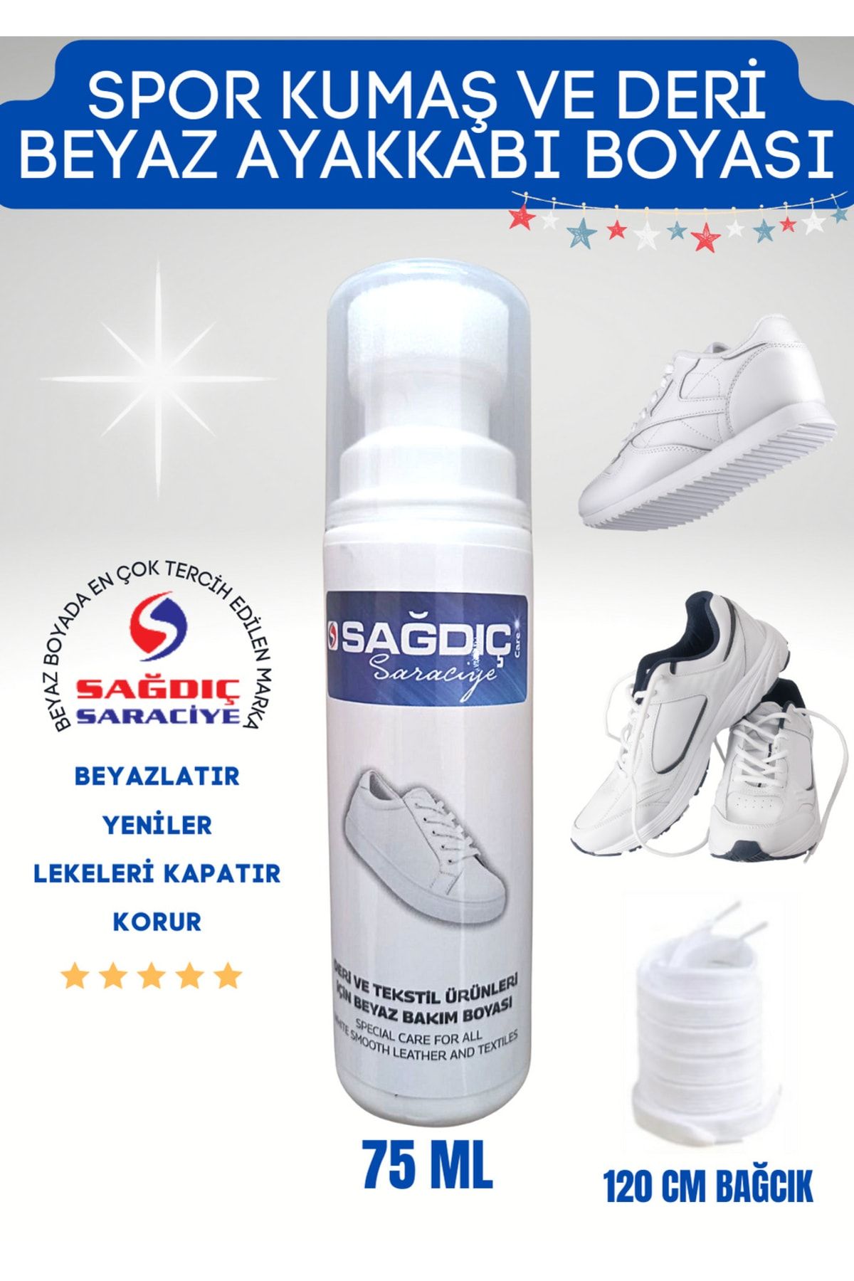 Sağdıç Saraciye Spor Beyaz Deri Ve Kumaş Ayakkabı Boyası 75 Ml 1 Çift Bağcık