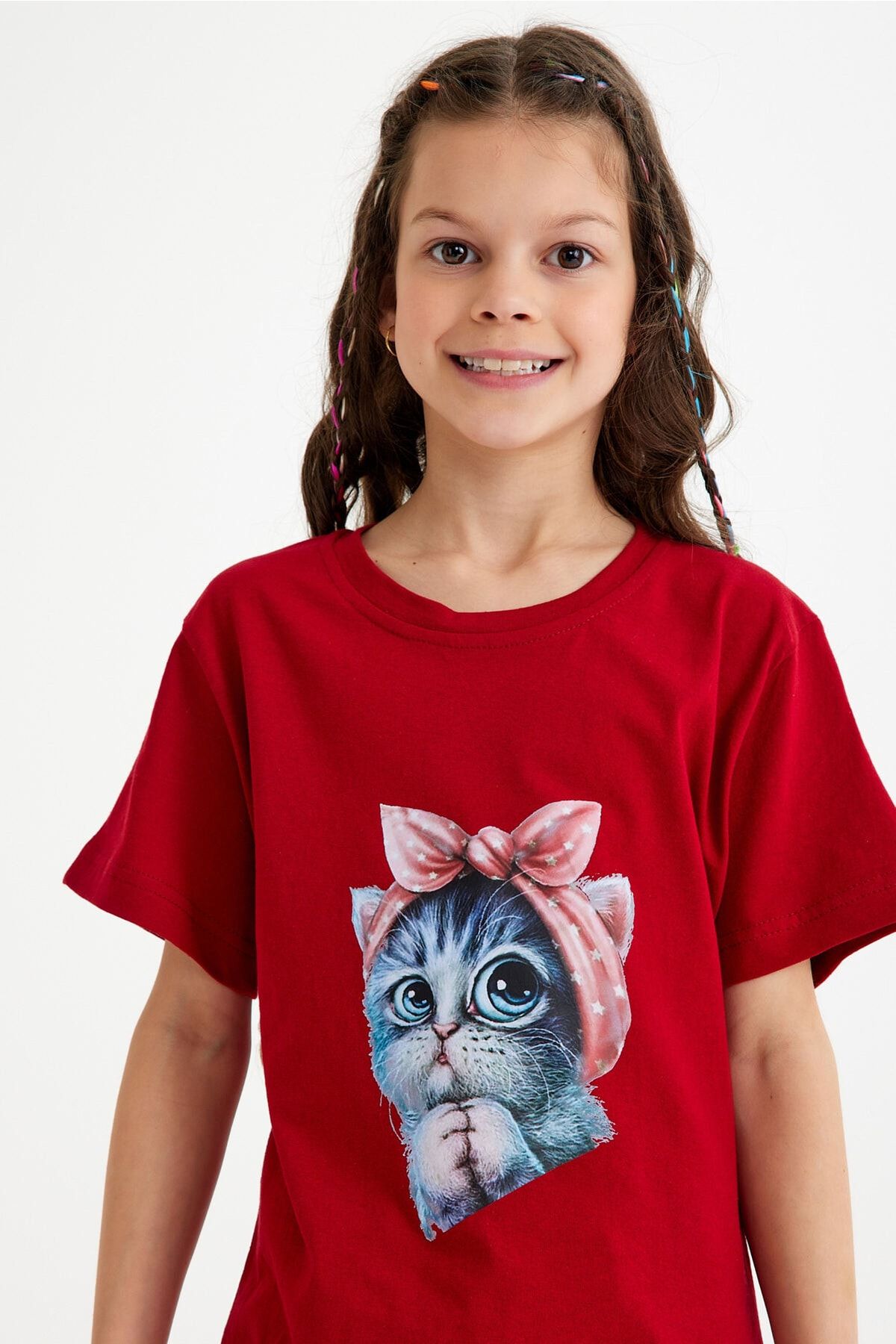 CERENCE AKÇA OKULCUNUZ Pembe Kurdela Kedi Baskılı Çocuk Tişört