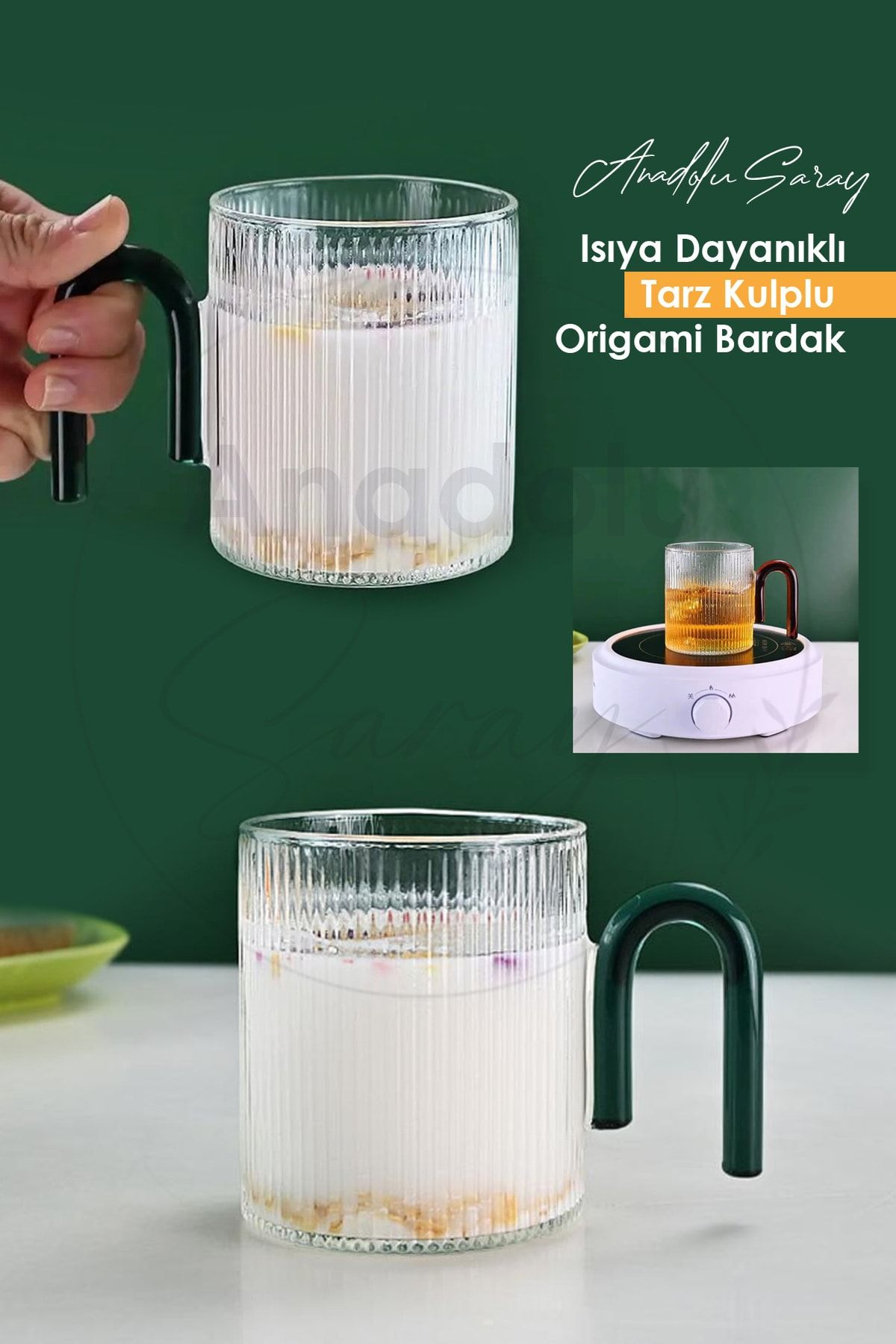 Anadolu Saray Çarşısı Isıya Dayanıklı Borosilikat Tarz Kulplu Origami Stil Bardak | Borosilikat Kahve Ve Sunum Bardağı