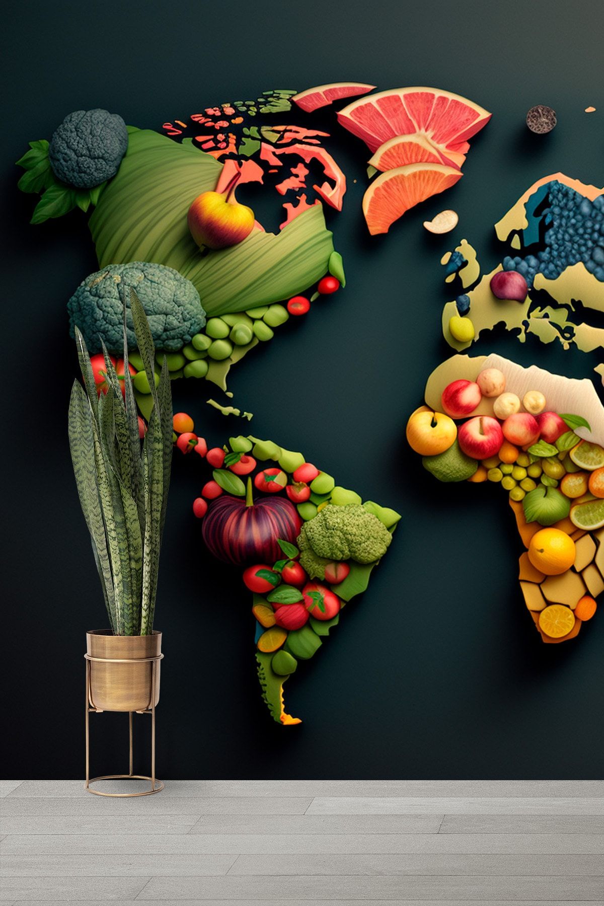 Dekoros Tek Parça 3d Kafe Salon Mutfak Yaprak Dünya Sağlıklı Meyve Sebze Haritası Poster Duvar Kağıtları