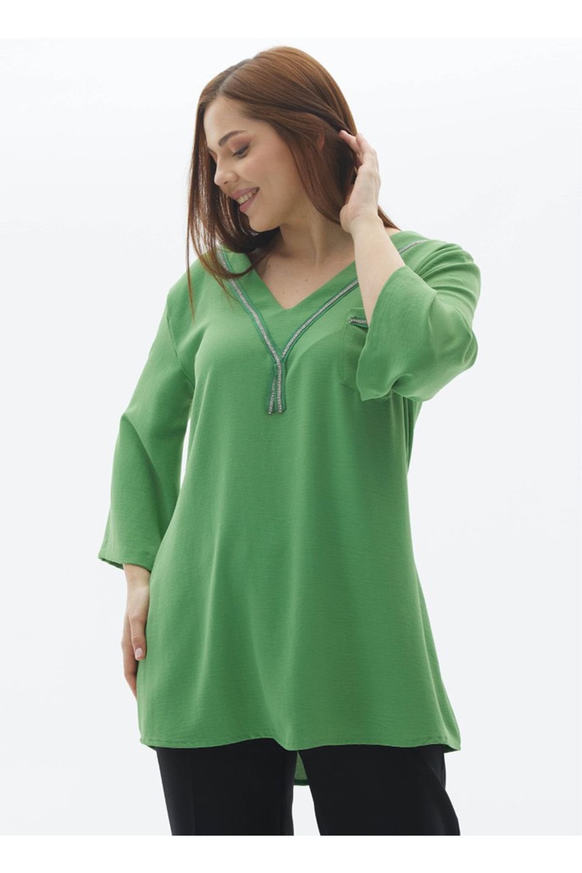 Selen V Yaka Taşlı Yeşil Kadın Bluz 23ysl8564