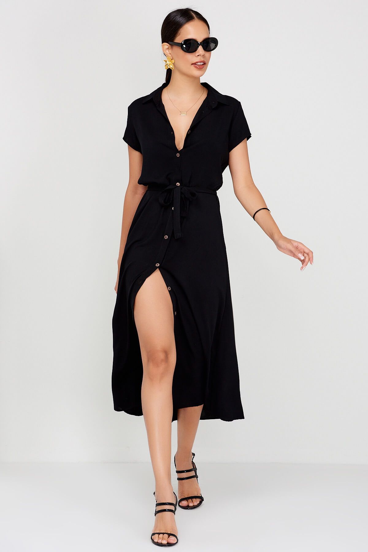 Cool & Sexy Kadın Siyah Gömlek Elbise ST31