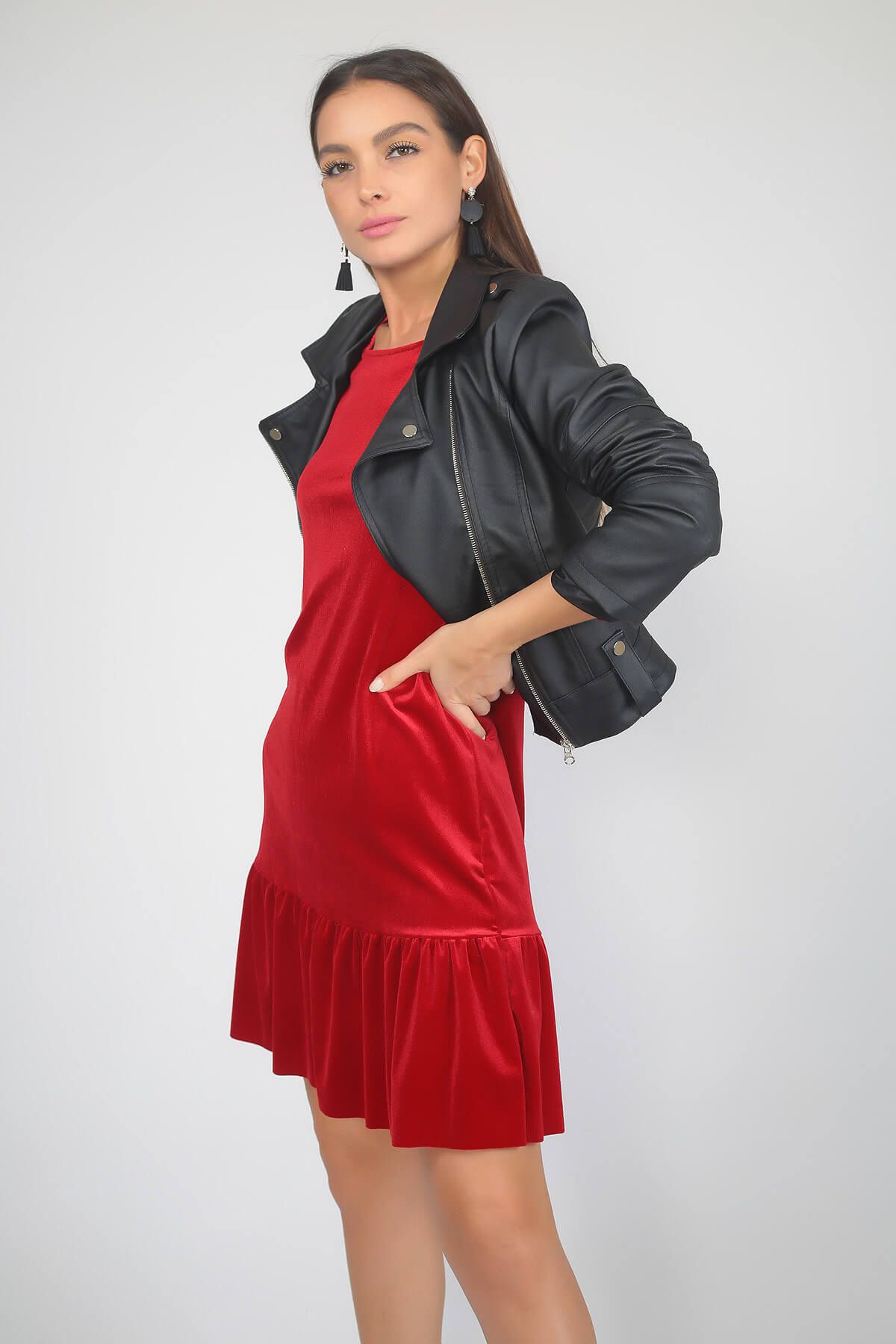 By Saygı Kadın Kırmızı Eteği Pileli Kadife Likra Elbise S-19K1320012