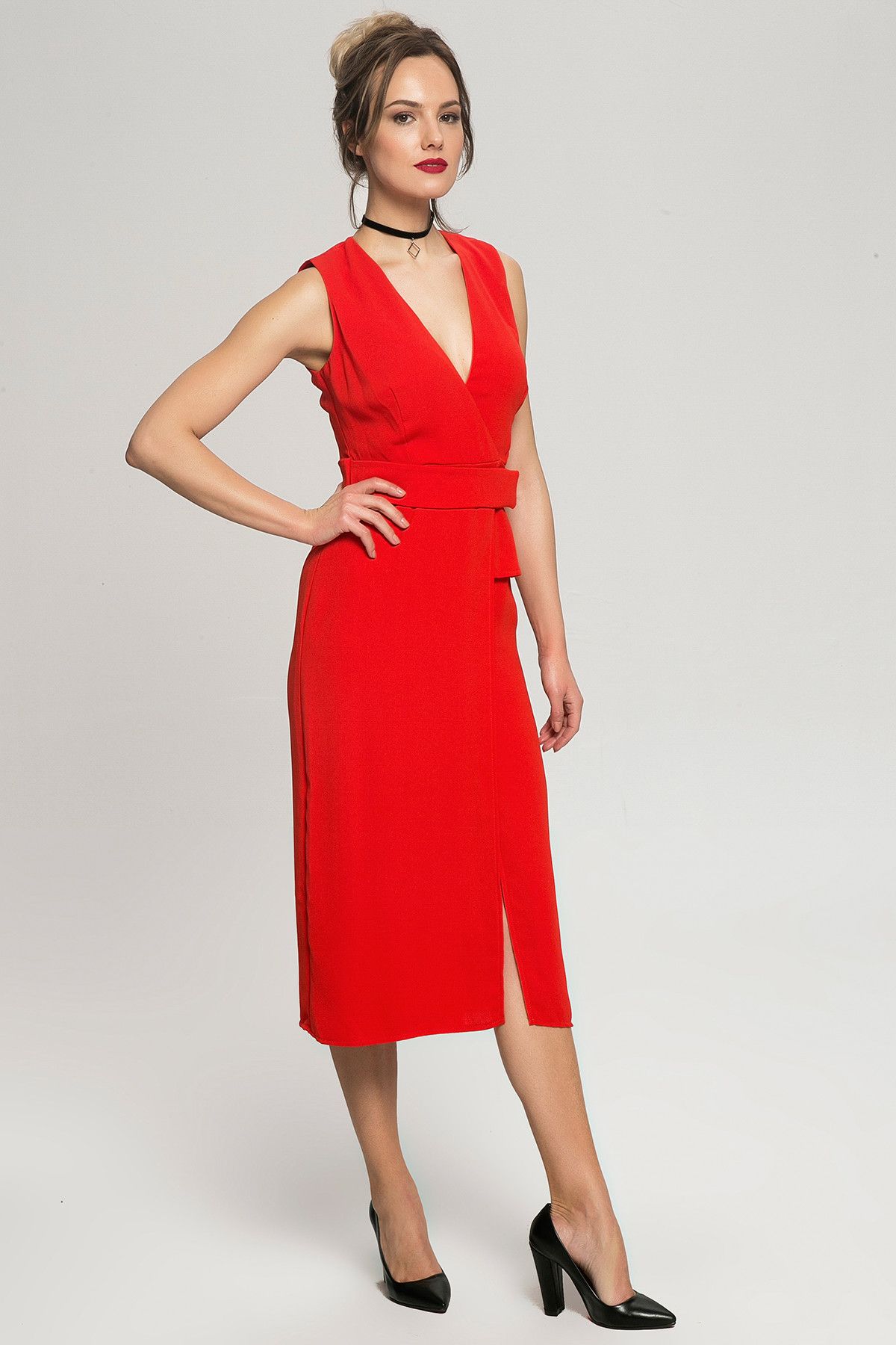 Y-London Kadın Kırmızı Bel Kemerli Elbise EX-519248