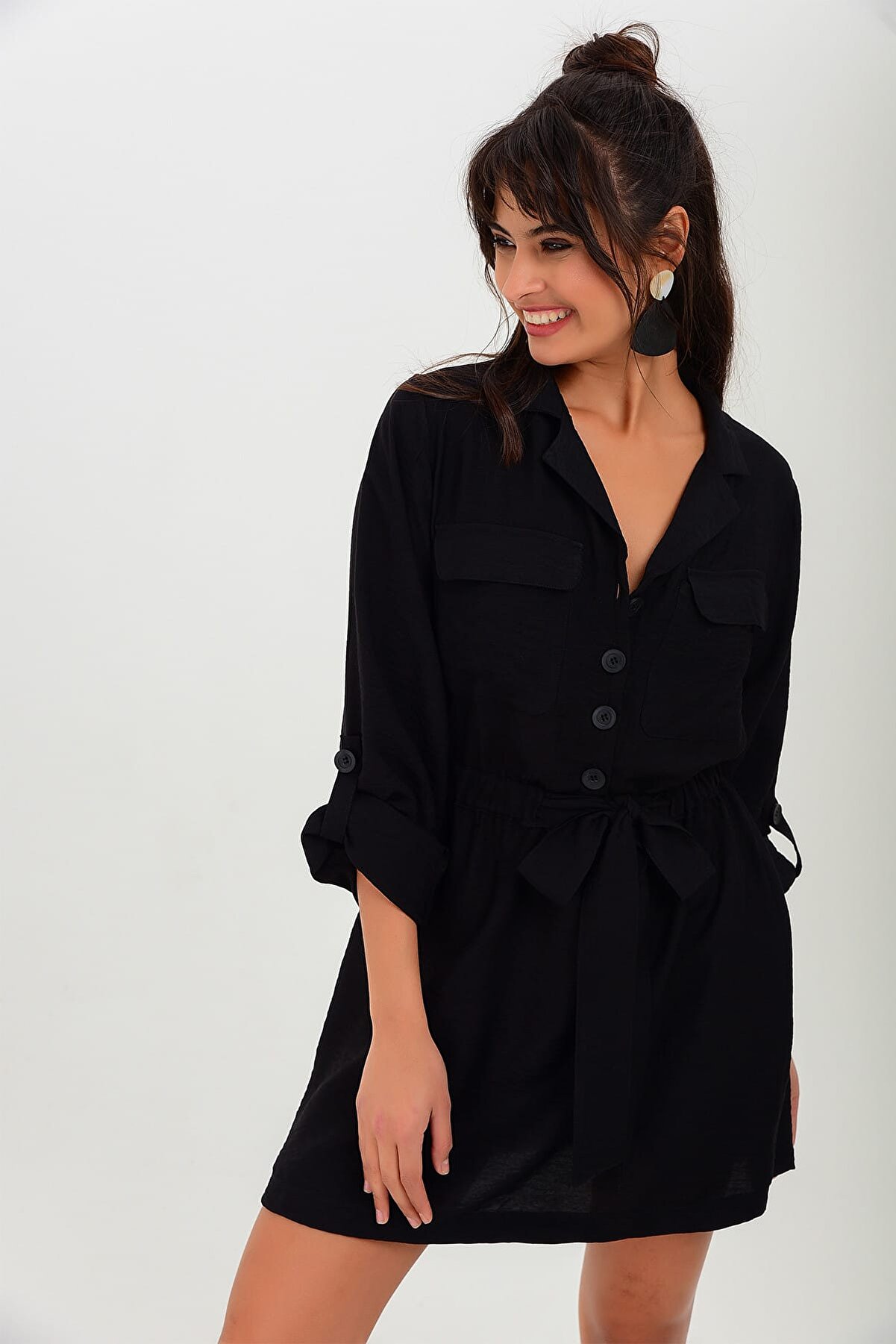 Cool & Sexy Kadın Siyah Düğmeli Elbise SF11151