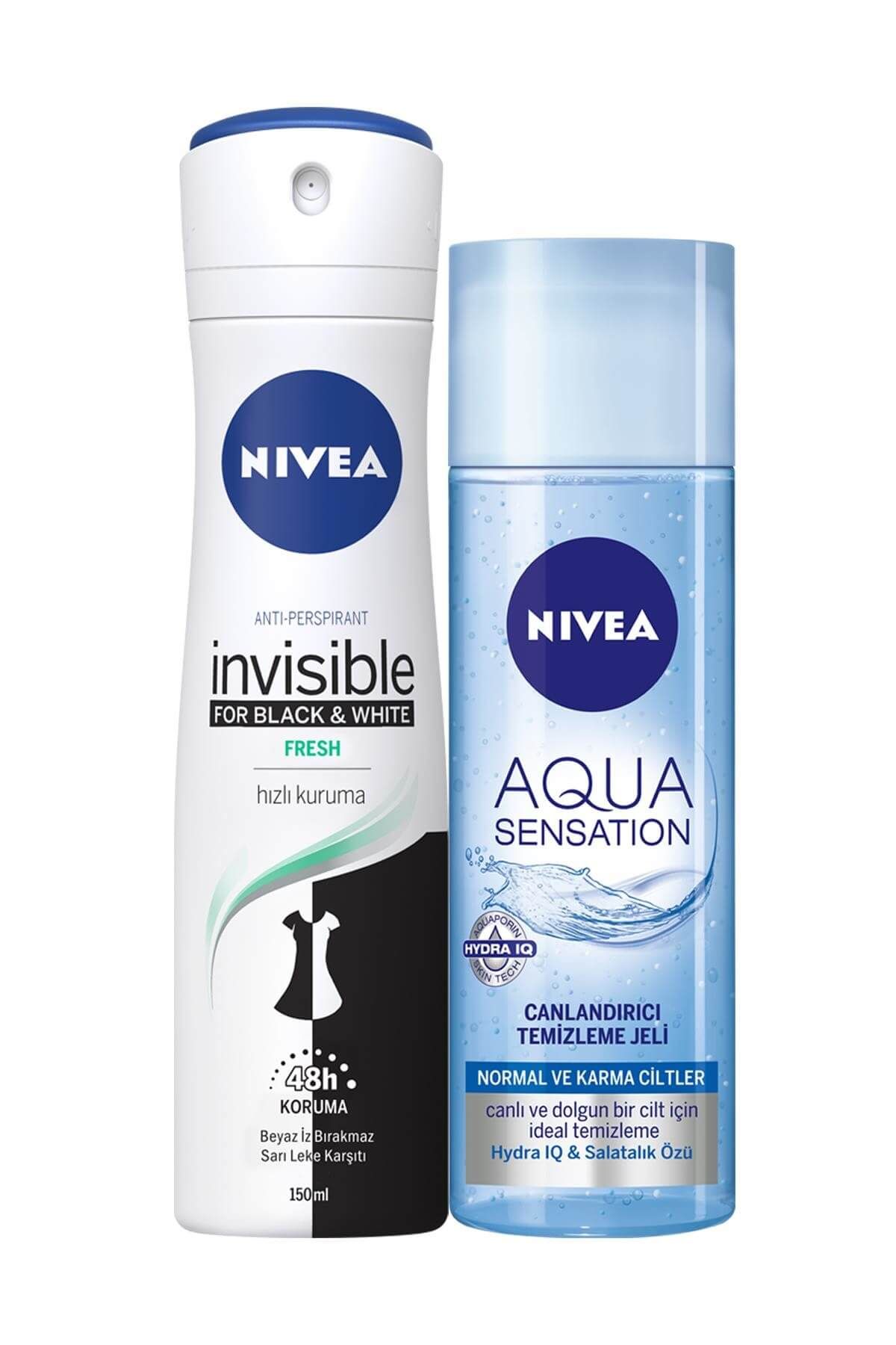 NIVEA Yüz Bakım Aqua Sensatıon Temizleme Jeli 150 ml + Deodorant B&W Fresh Kadın 150 ml