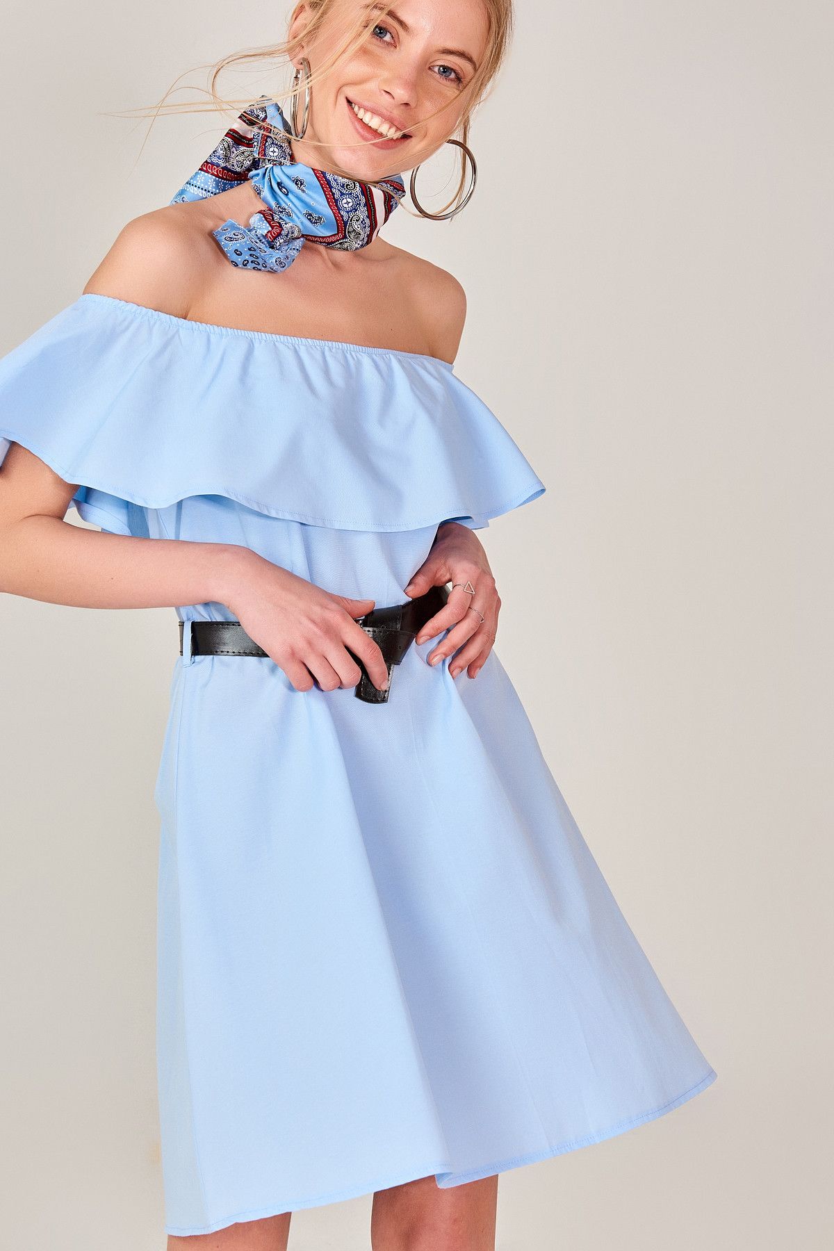 Boutiquen Kadın Mavi Kemerli Elbise 10943
