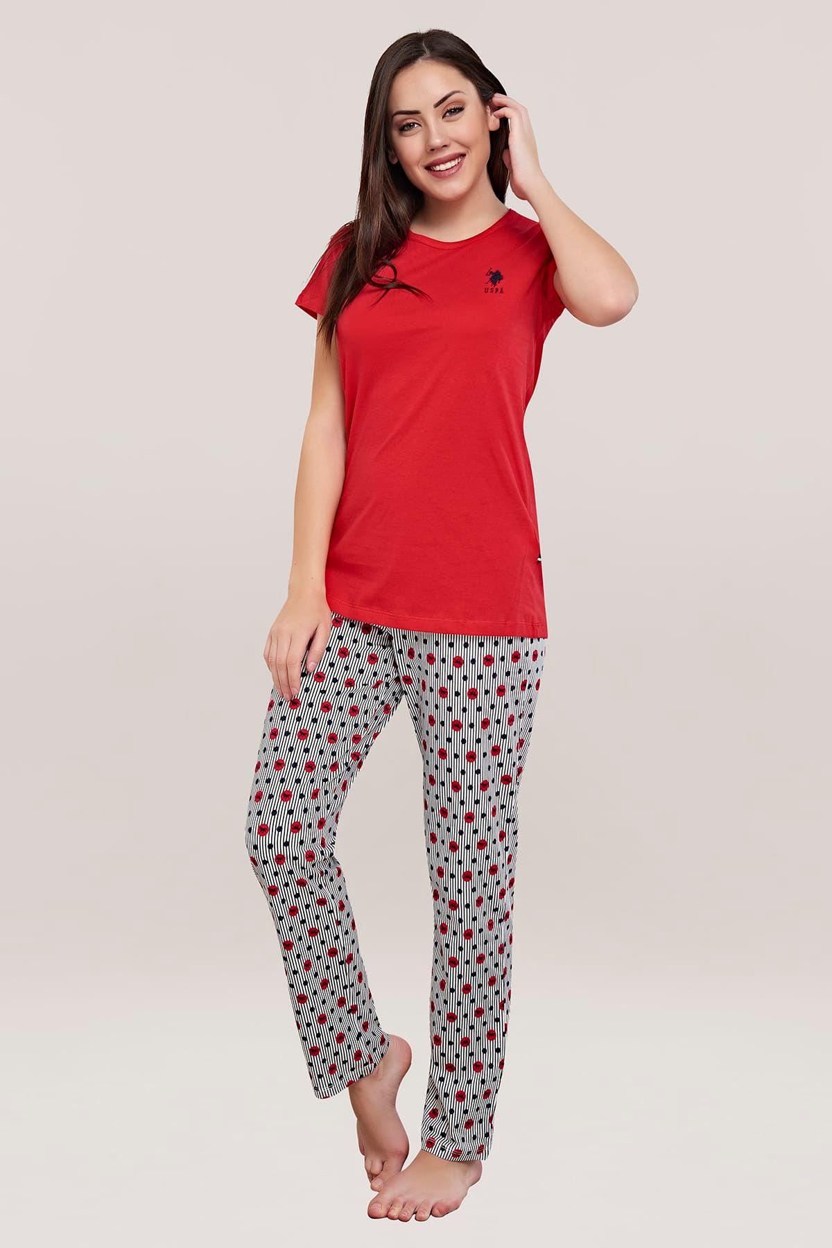 U.S. Polo Assn. Kadın Kırmızı Yuvarlak Yaka Pijama Takım