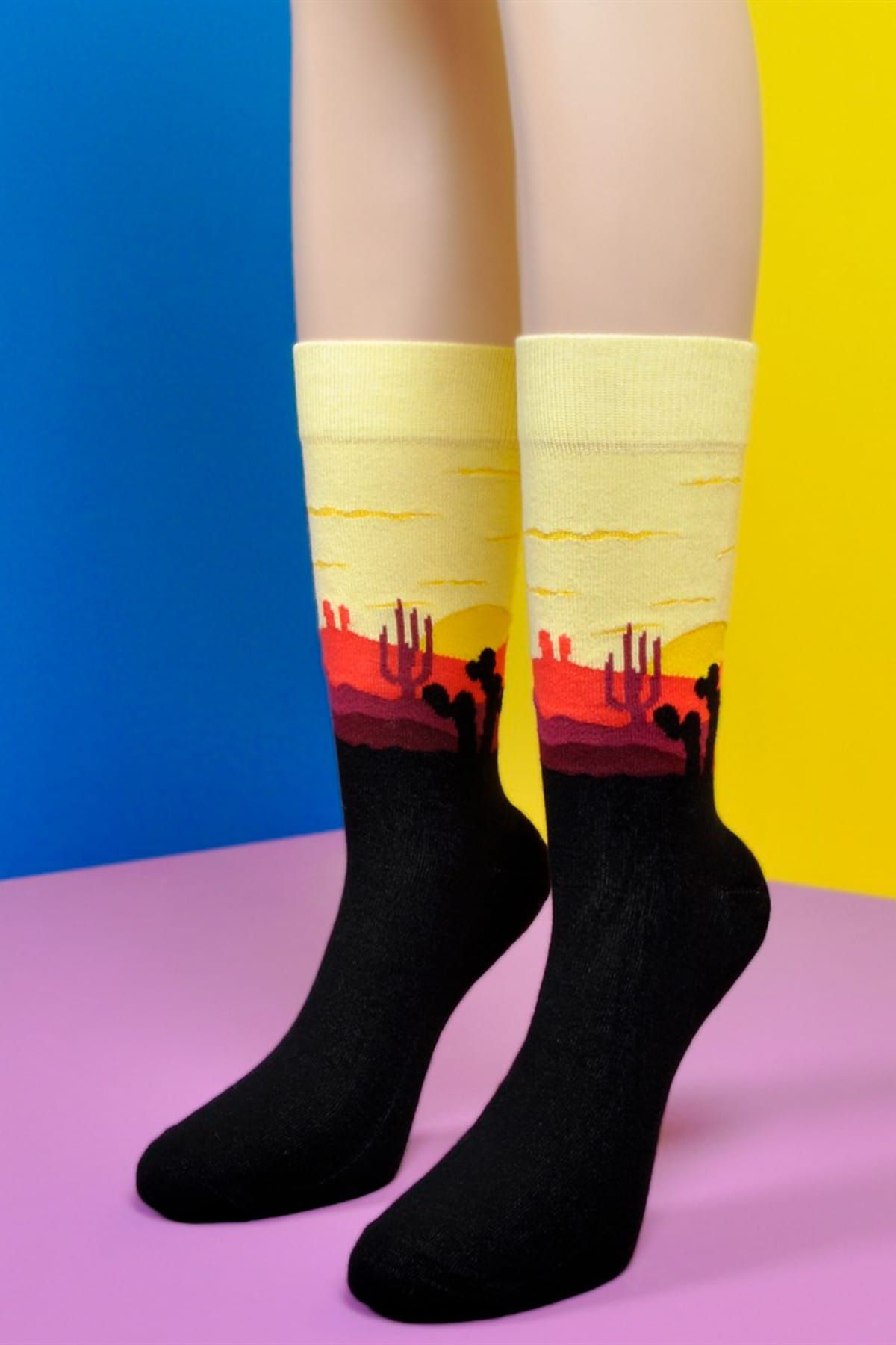 Socks Academy Gün Batımı ve Kaktüs Desenli Havlu Tabanlı Siyah Çorap