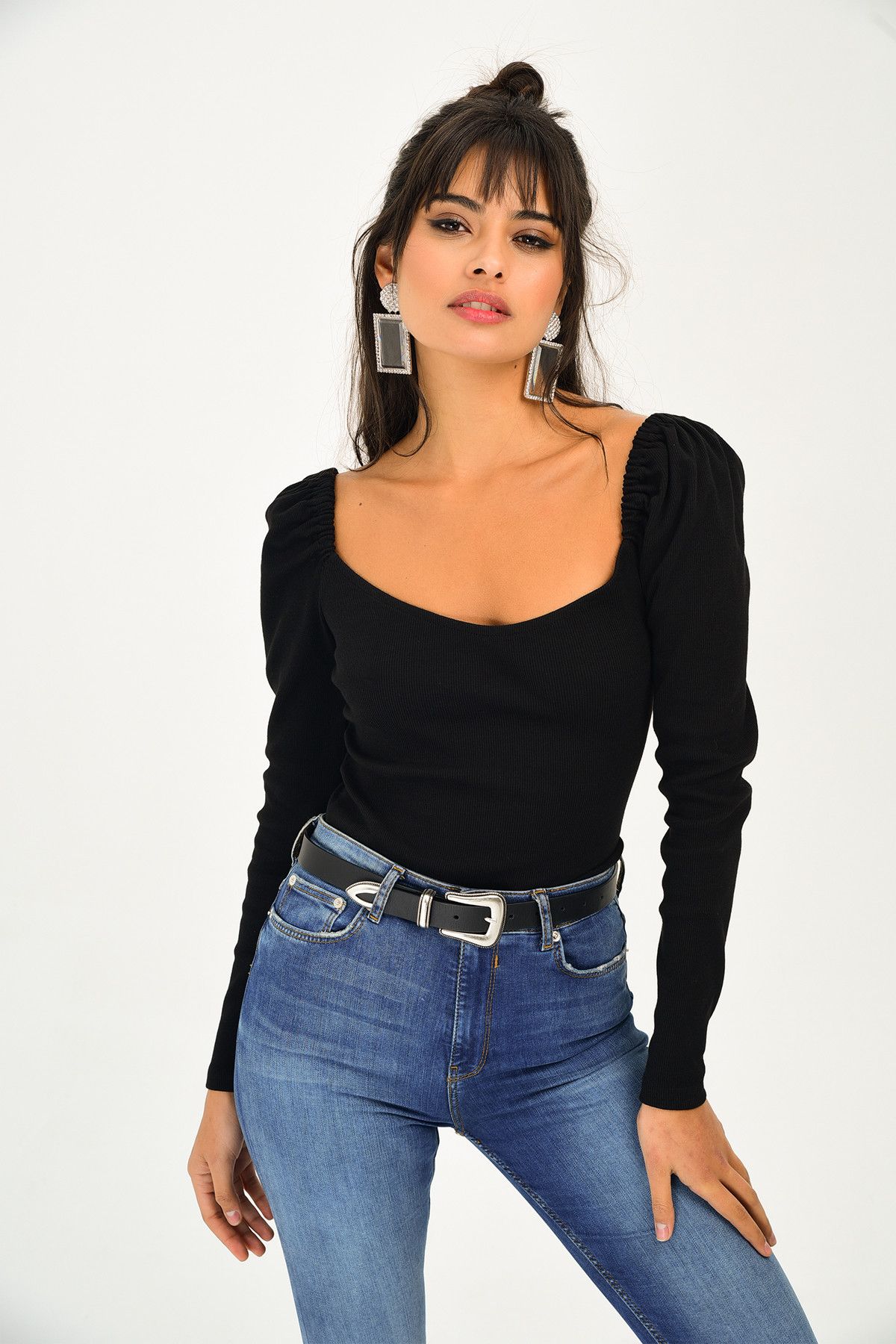 Cool & Sexy Kadın Siyah Geniş Yaka Bluz Yİ1196