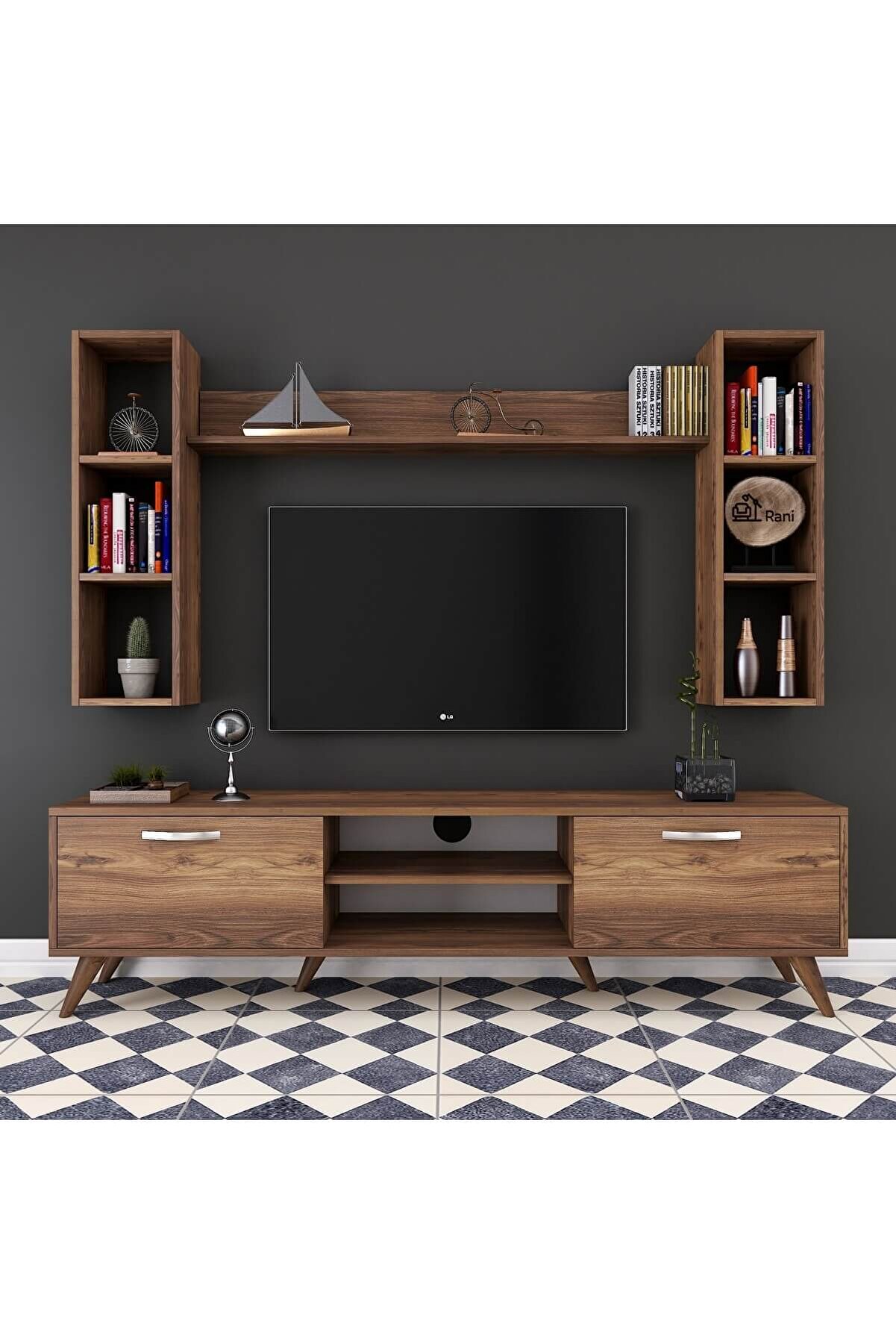 Rani Mobilya A9 Duvar Raflı Kitaplıklı Tv Ünitesi Duvara Monte Dolaplı