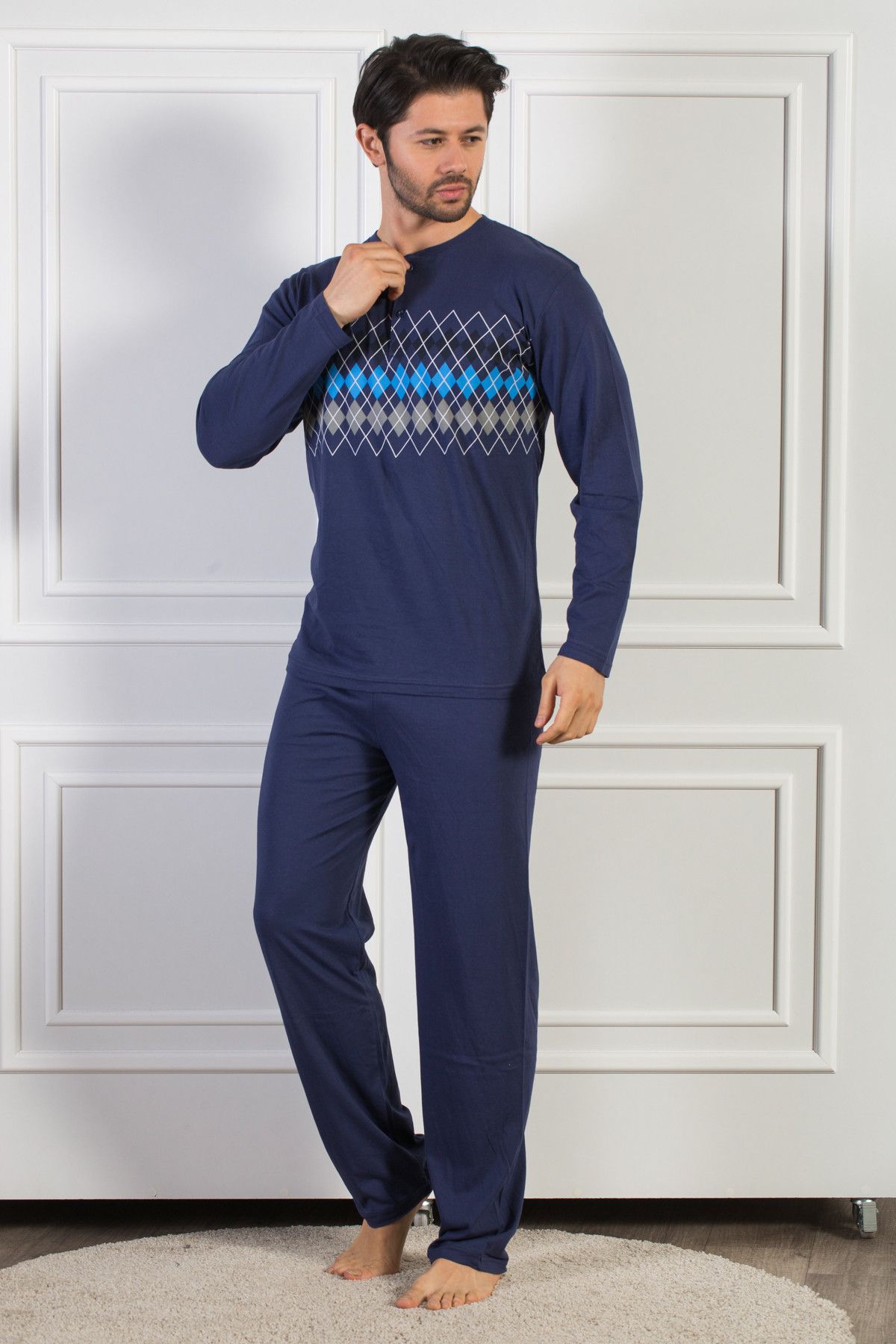 Strawberry Erkek Mavi Pamuklu Uzun Kol Pijama Takım 4204