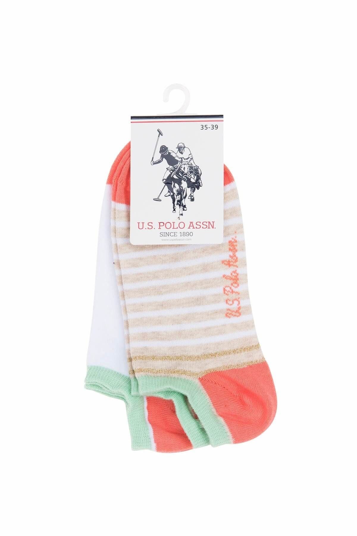 U.S. Polo Assn. Kadın Bej Çizgili Beyaz  2'li Patik Çorabı