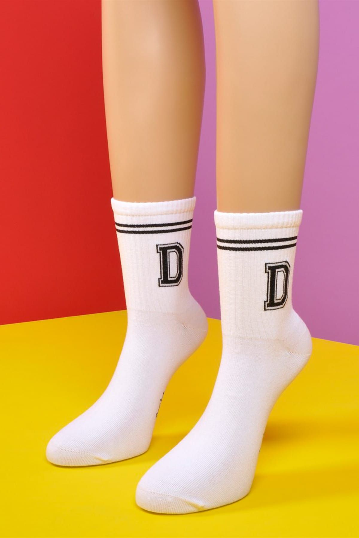 Socks Academy Ünisex Siyah Çizgili Beyaz D Harfli İki Çorabı