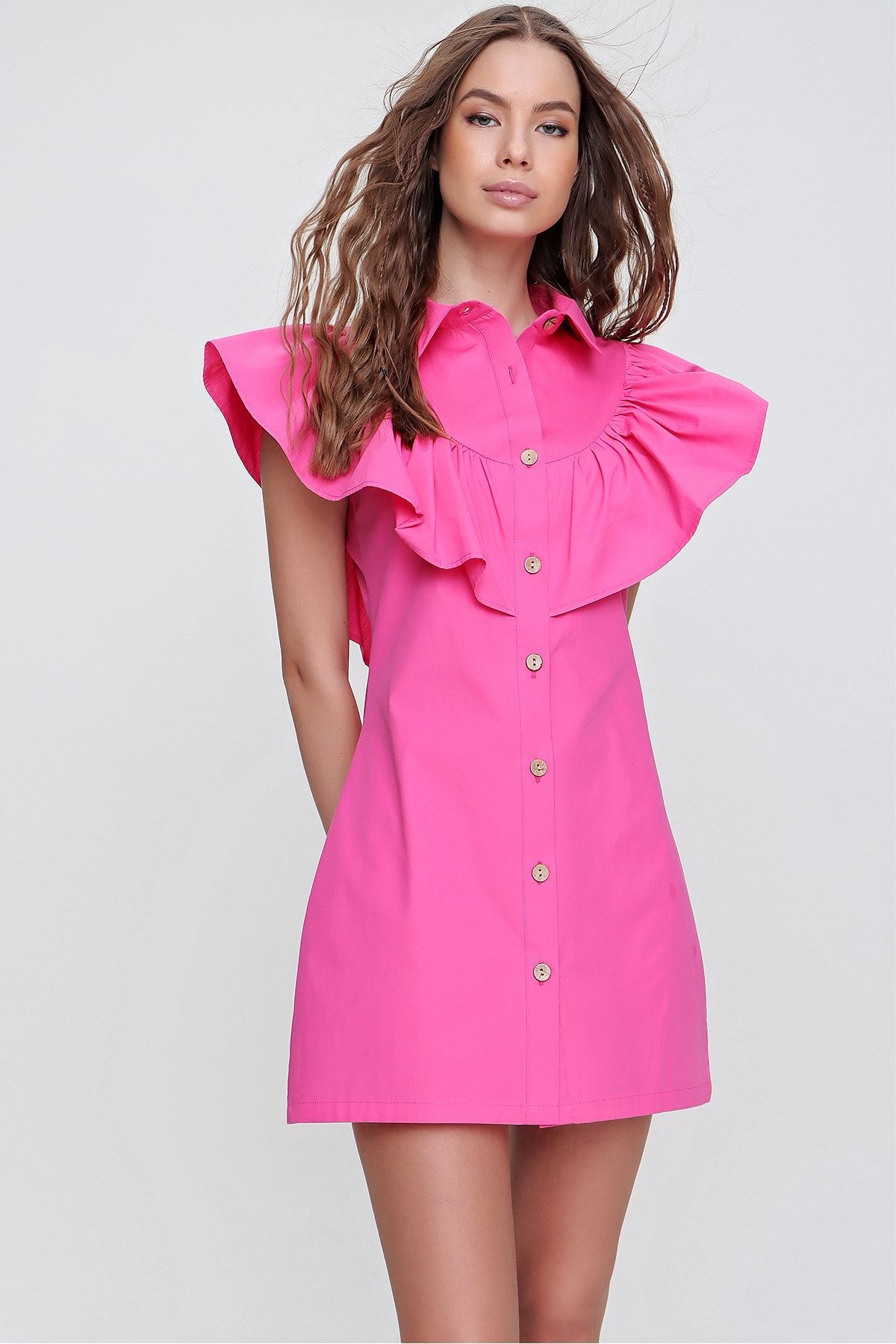 Trend Alaçatı Stili Kadın Fuşya Fırfırlı Poplin Gömlek Elbise ALC-X6195