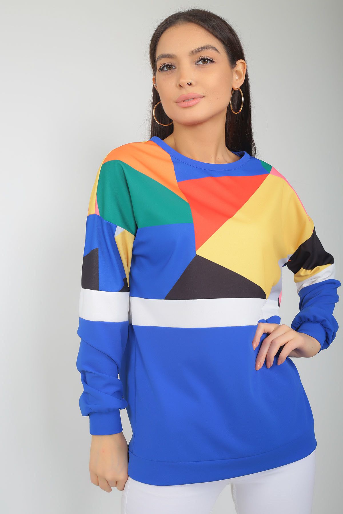 By Saygı Kadın Saks Karışık Desen Renkli Krep Sweatshirt S-18K1690099
