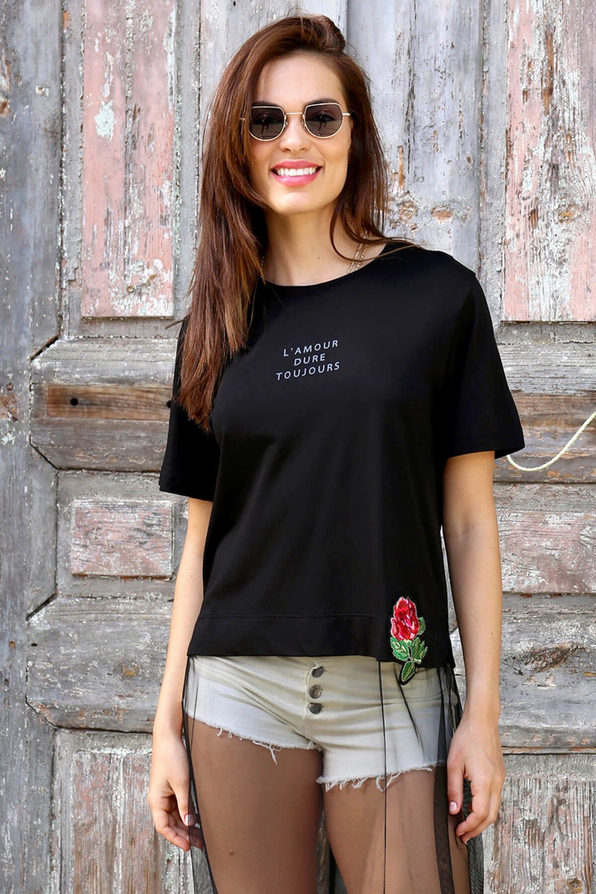 Eka Kadın Siyah Nakış İşlemeli Altı Tül T-Shirt 0302-0220