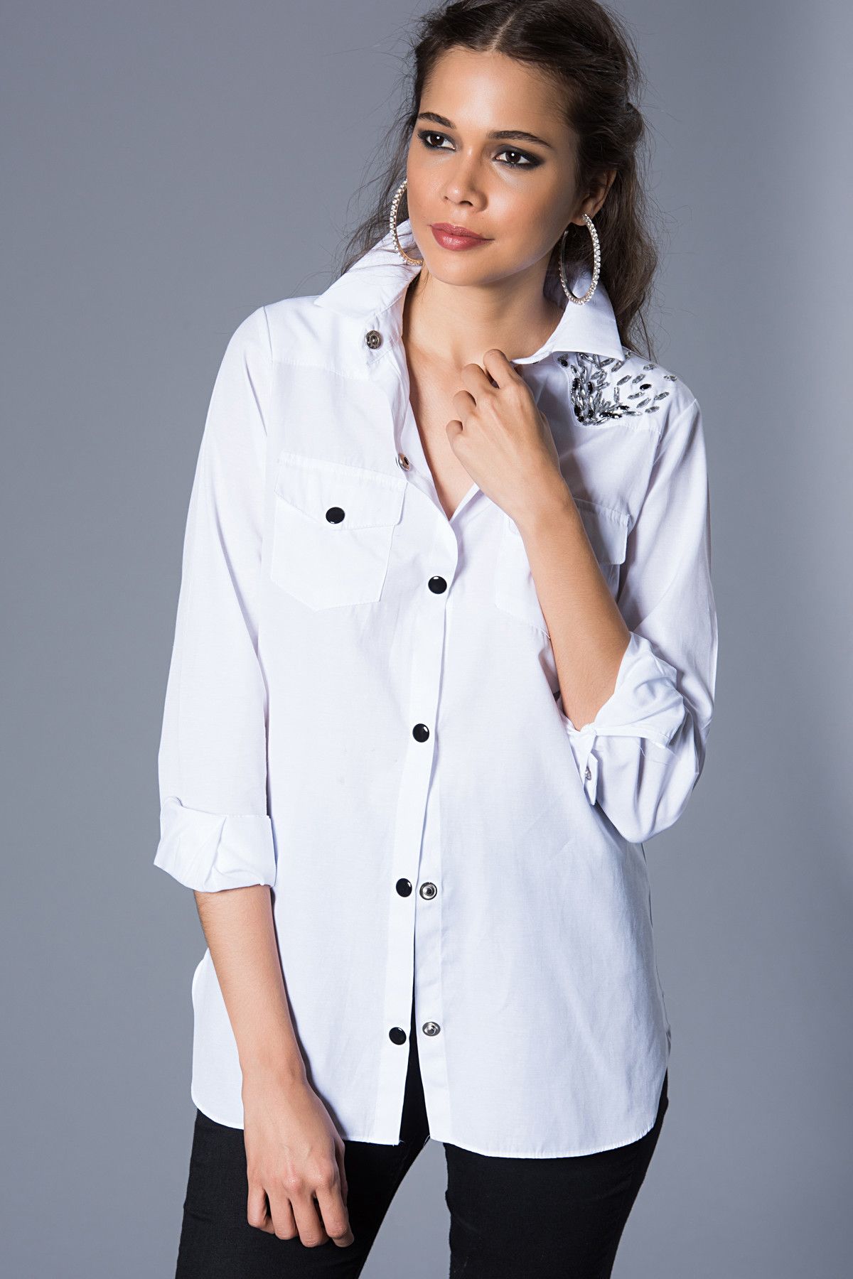 Cool & Sexy Kadın Beyaz Taşlı Gömlek SF0817