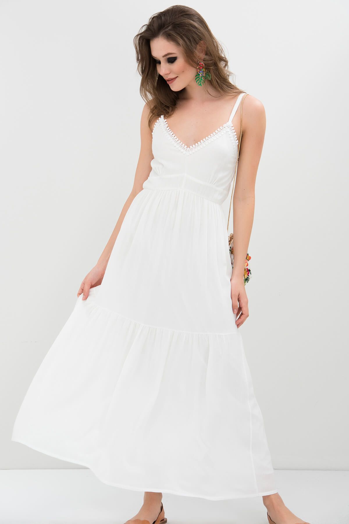 Cool & Sexy Kadın Beyaz Dantelli Krinkıl Elbise M668