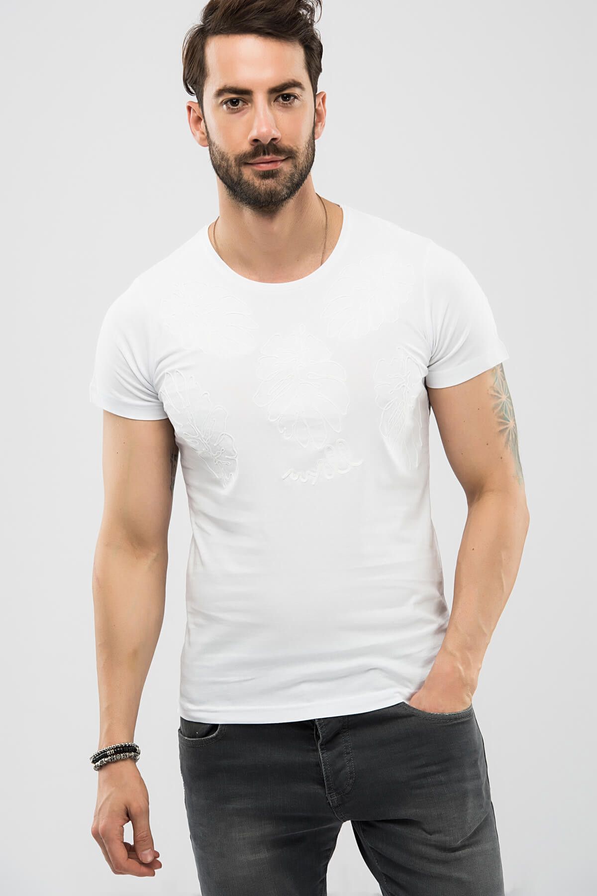 Sateen Erkek Beyaz İşlemeli T-Shirt 122-3093