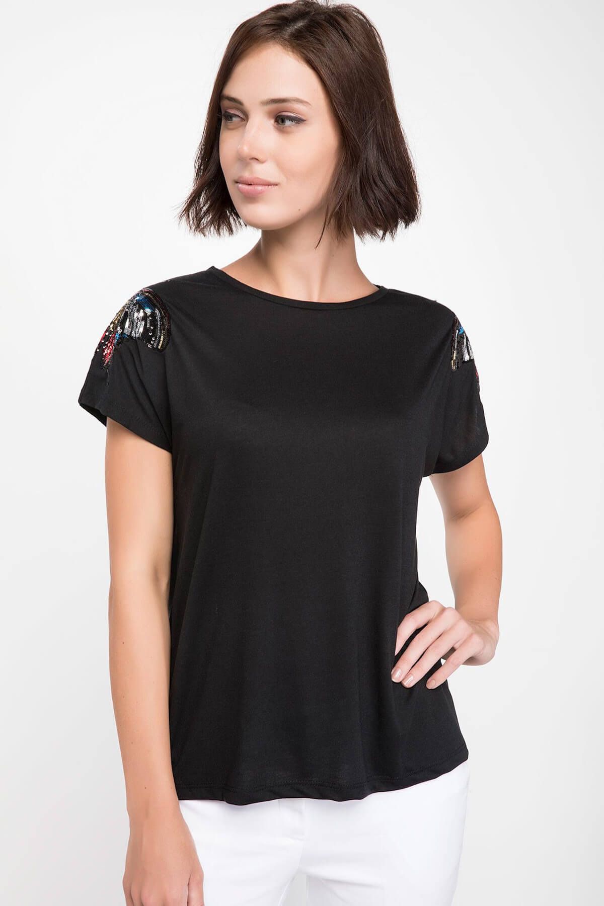 Defacto Kadın Omuzları Payet İşleme Detaylı T-shirt J6206AZ.18HS.BK27