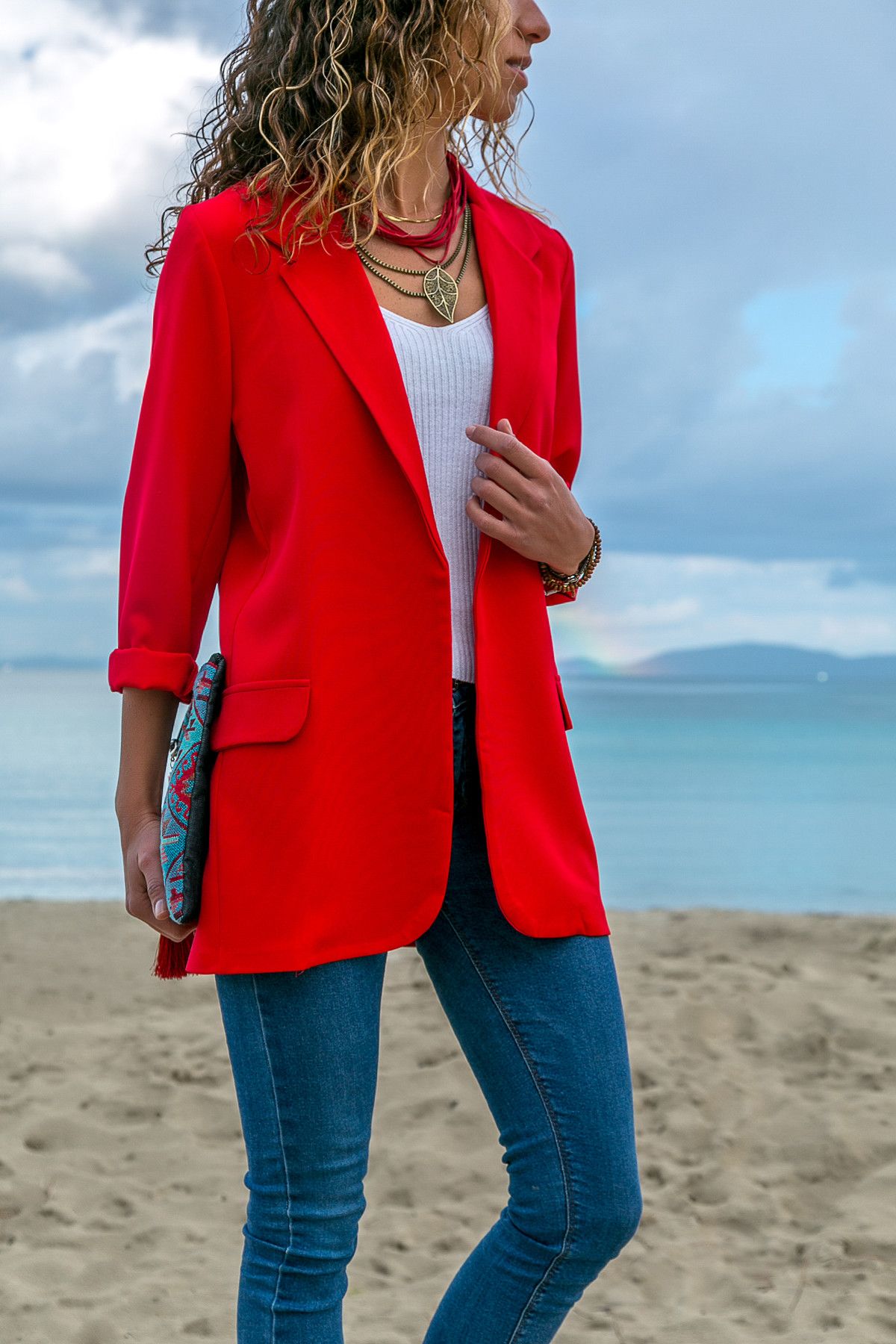 Trend Alaçatı Stili Kadın Kırmızı Boyfrıend Ceket AYN-1531